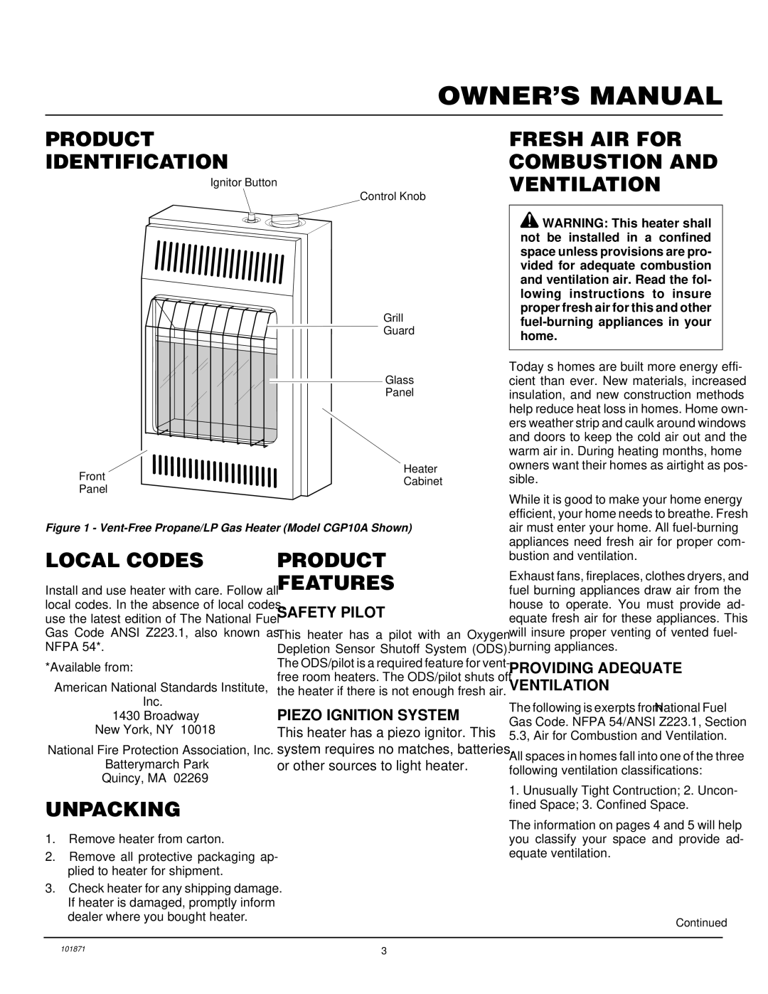 Desa CGP10A Product Identification, Fresh AIR for Combustion and Ventilation, Local Codes, Product Features, Unpacking 