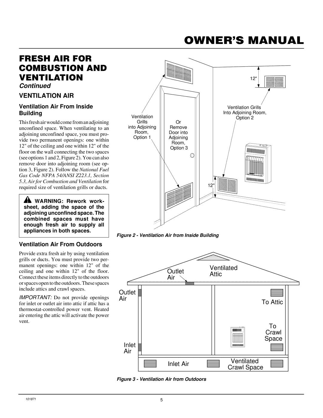 Desa CGP10A, CGP6 installation manual Ventilation AIR, Ventilation Air From Inside Building, Ventilation Air From Outdoors 