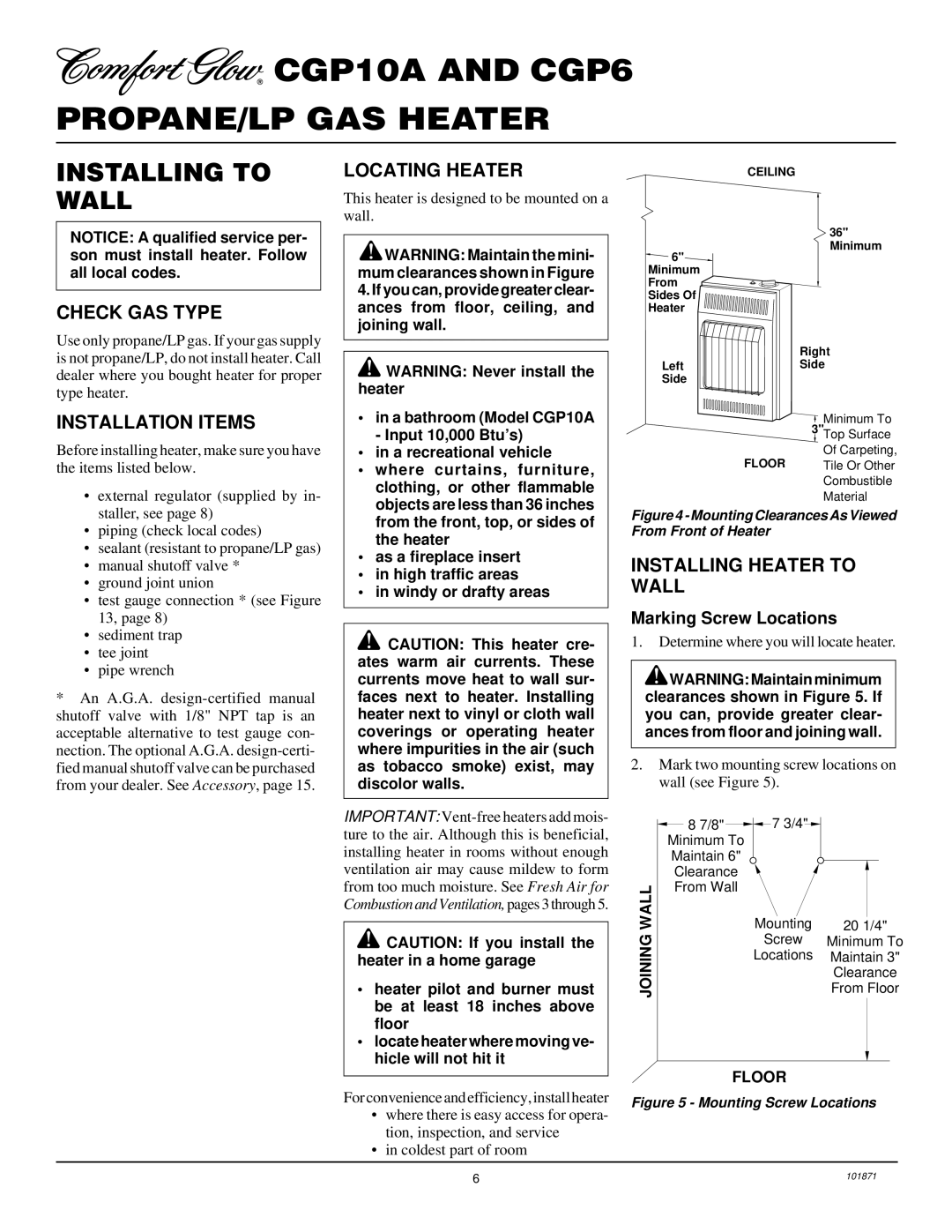 Desa CGP6, CGP10A Installing to Wall, Check GAS Type, Installation Items, Locating Heater, Installing Heater to Wall 