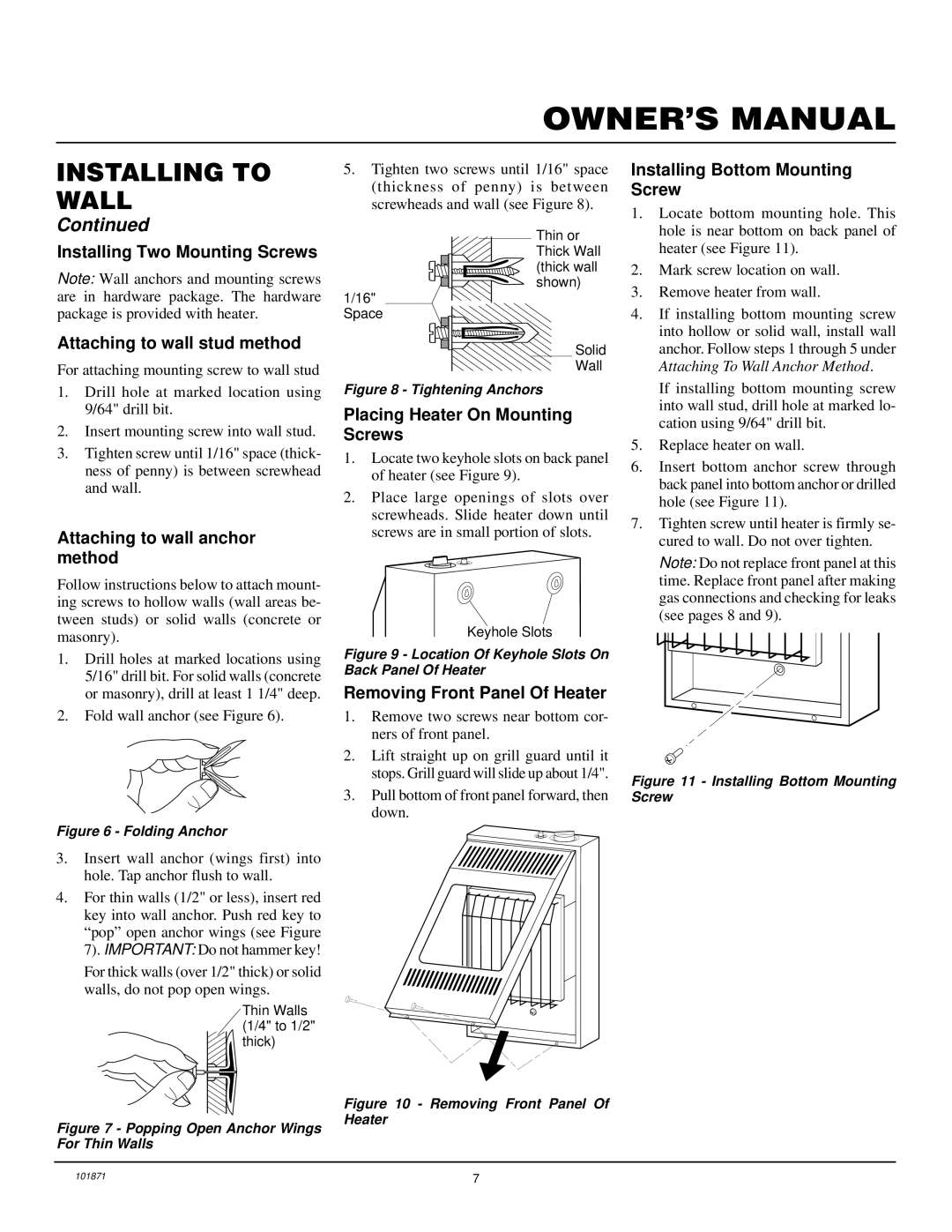 Desa CGP10A, CGP6 Attaching to wall anchor method, Placing Heater On Mounting Screws, Removing Front Panel Of Heater 