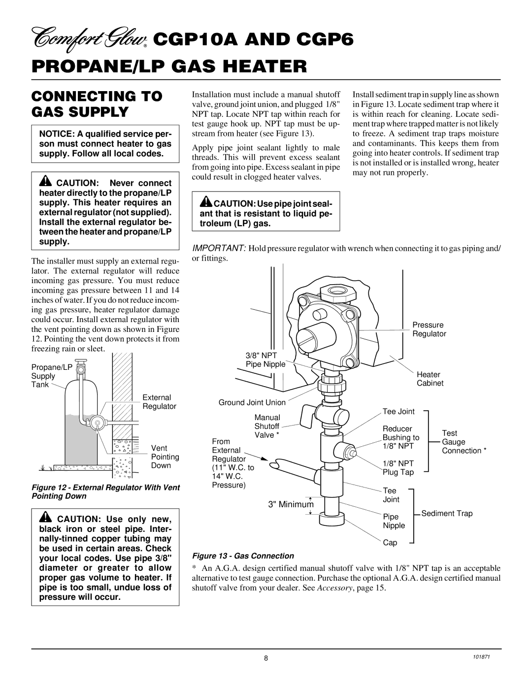 Desa CGP6, CGP10A installation manual Connecting to GAS Supply, Minimum 