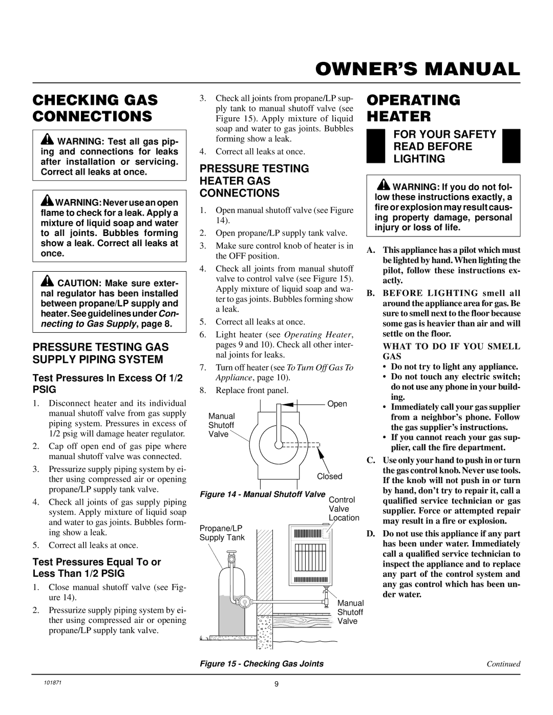 Desa CGP10A, CGP6 installation manual Checking GAS Connections, Operating Heater, Pressure Testing GAS Supply Piping System 