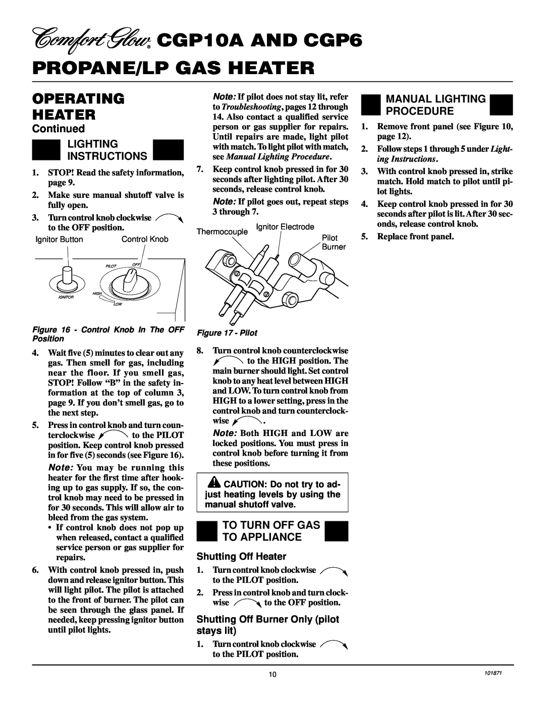 Desa CGP6 Continued LIGHTING INSTRUCTIONS, Manual Lighting Procedure, To Turn Off Gas To Appliance, Shutting Off Heater 