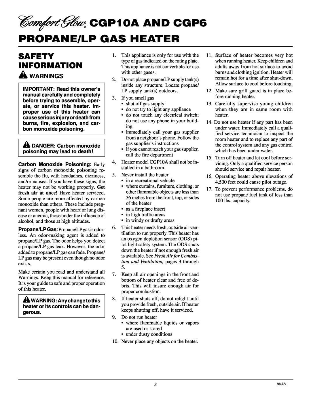 Desa installation manual CGP10A AND CGP6 PROPANE/LP GAS HEATER, Safety Information, Warnings 