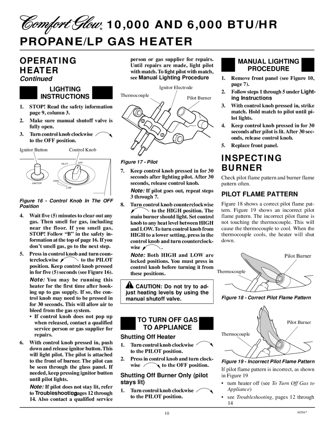 Desa CGP6L, CGP10L Inspecting Burner, Lighting Instructions, Manual Lighting Procedure, Pilot Flame Pattern 