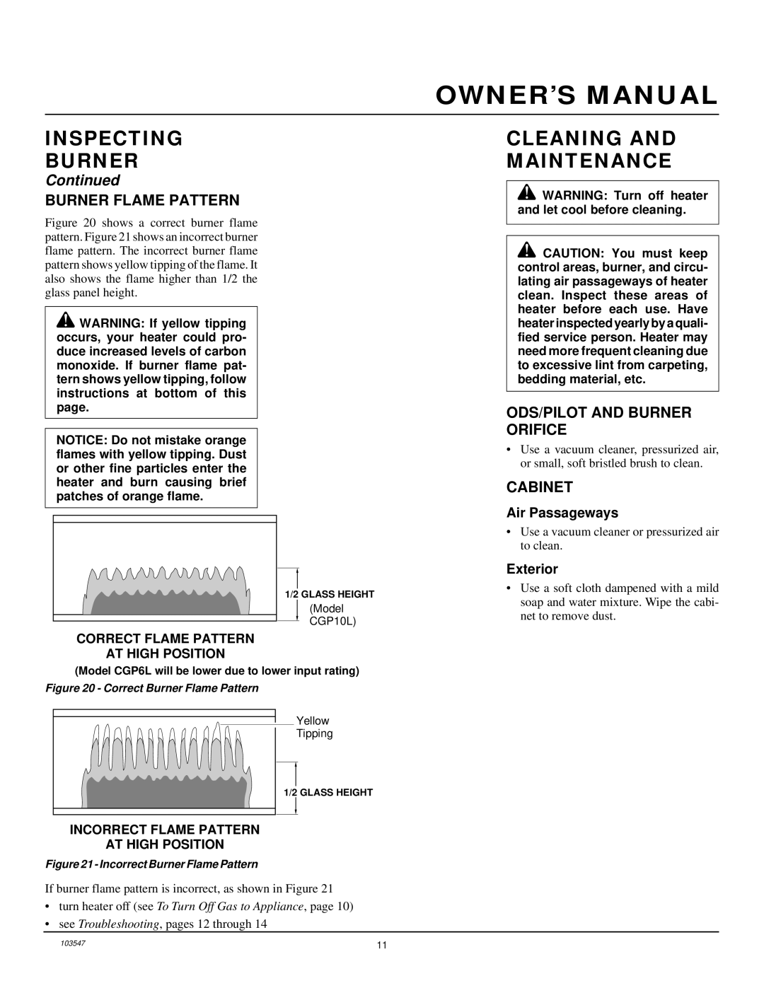 Desa CGP10L, CGP6L installation manual Cleaning and Maintenance, Burner Flame Pattern, ODS/PILOT and Burner Orifice, Cabinet 