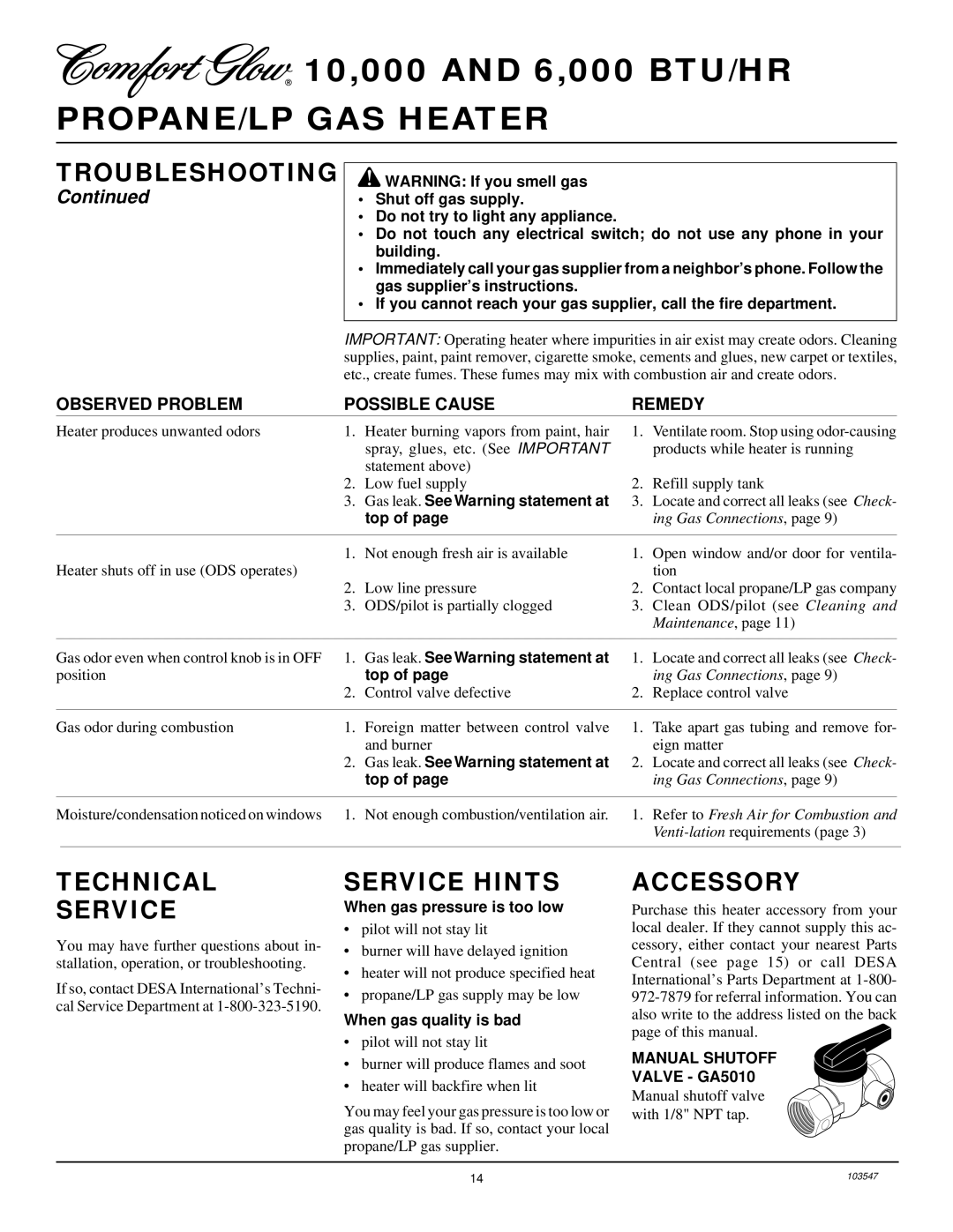 Desa CGP6L, CGP10L installation manual Technical Service, Service Hints, Accessory 