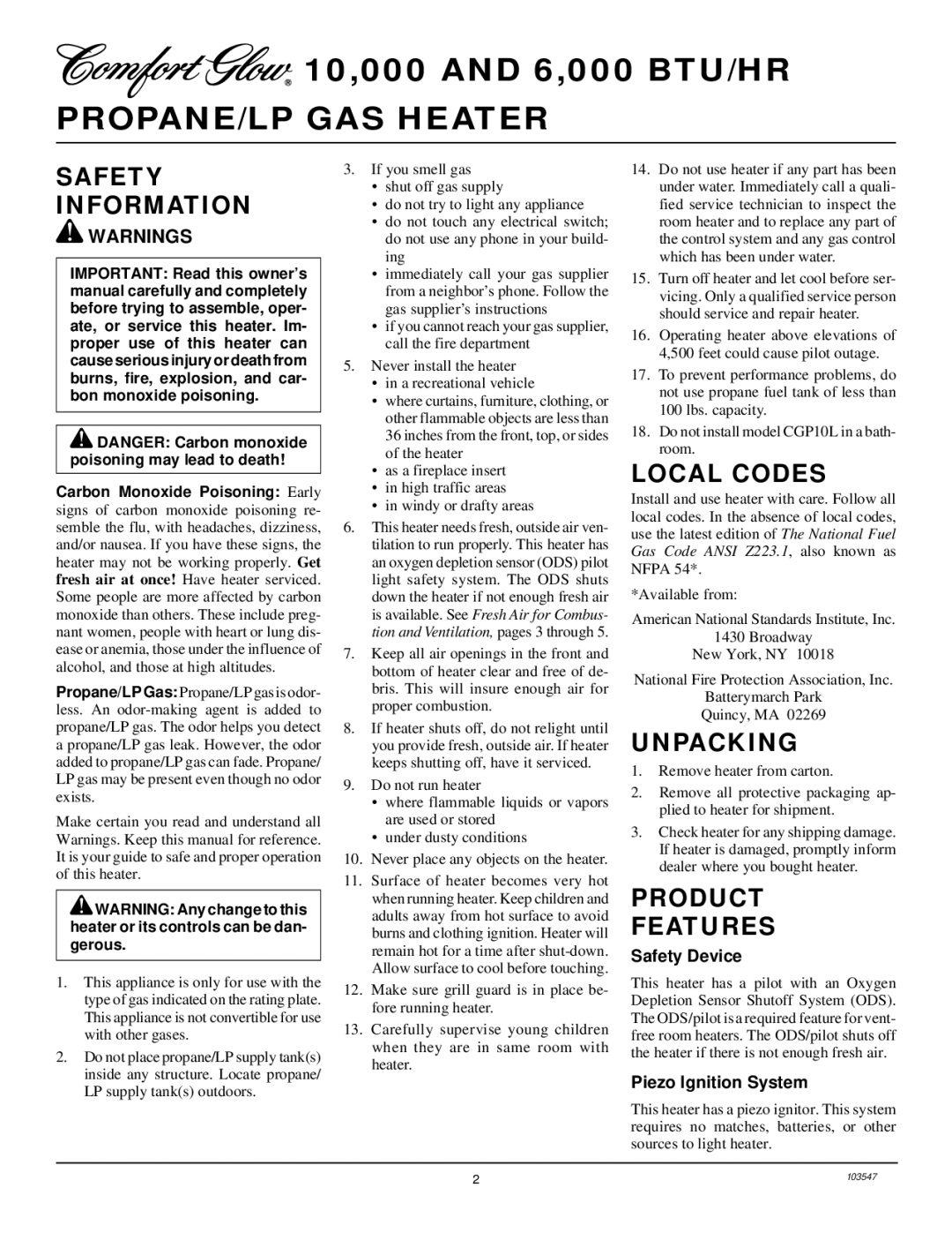 Desa CGP6L, CGP10L installation manual Safety Information, Local Codes, Unpacking, Product Features 