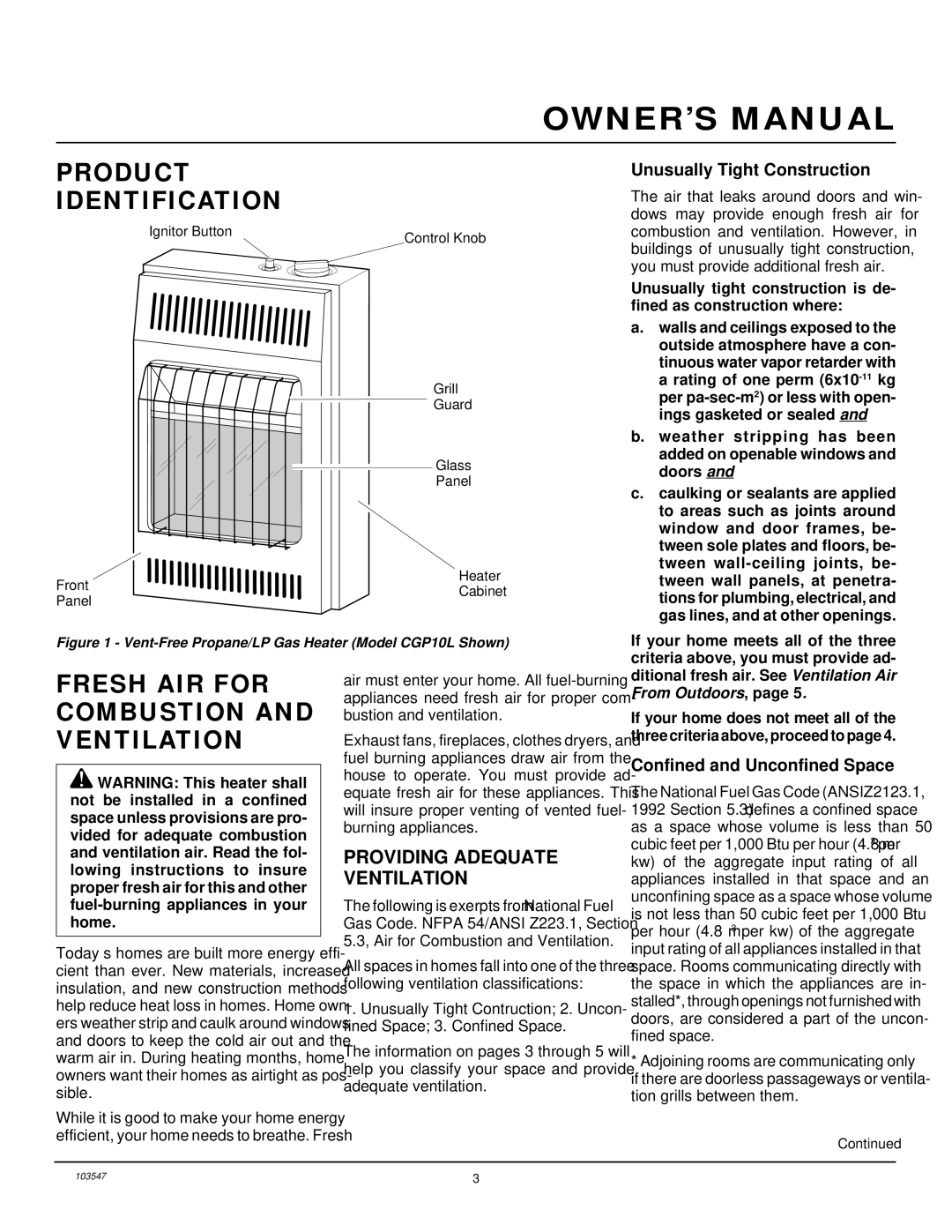 Desa CGP10L, CGP6L Product Identification, Fresh AIR for Combustion and Ventilation, Providing Adequate Ventilation 