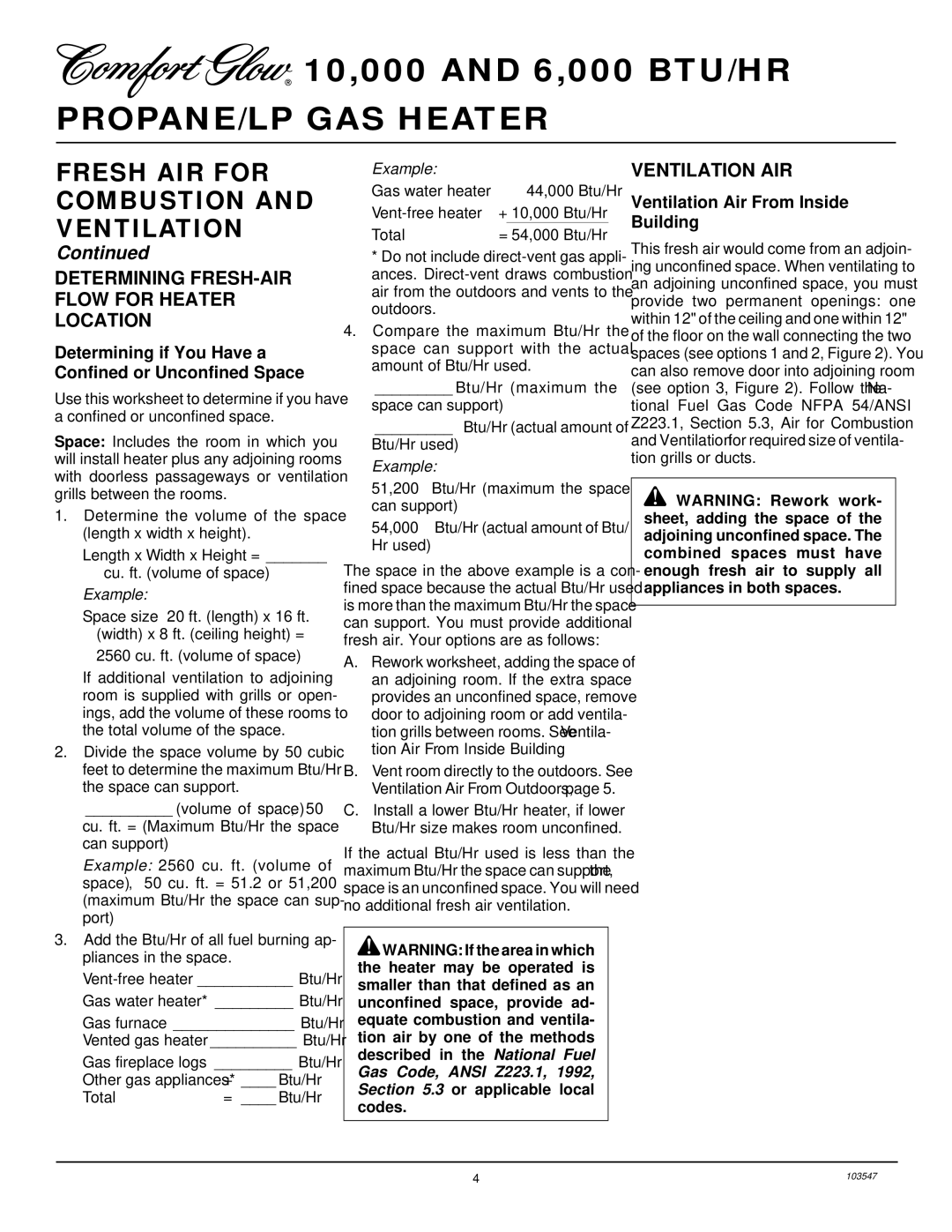 Desa CGP6L, CGP10L Determining FRESH-AIR Flow for Heater Location, Ventilation AIR, Ventilation Air From Inside Building 