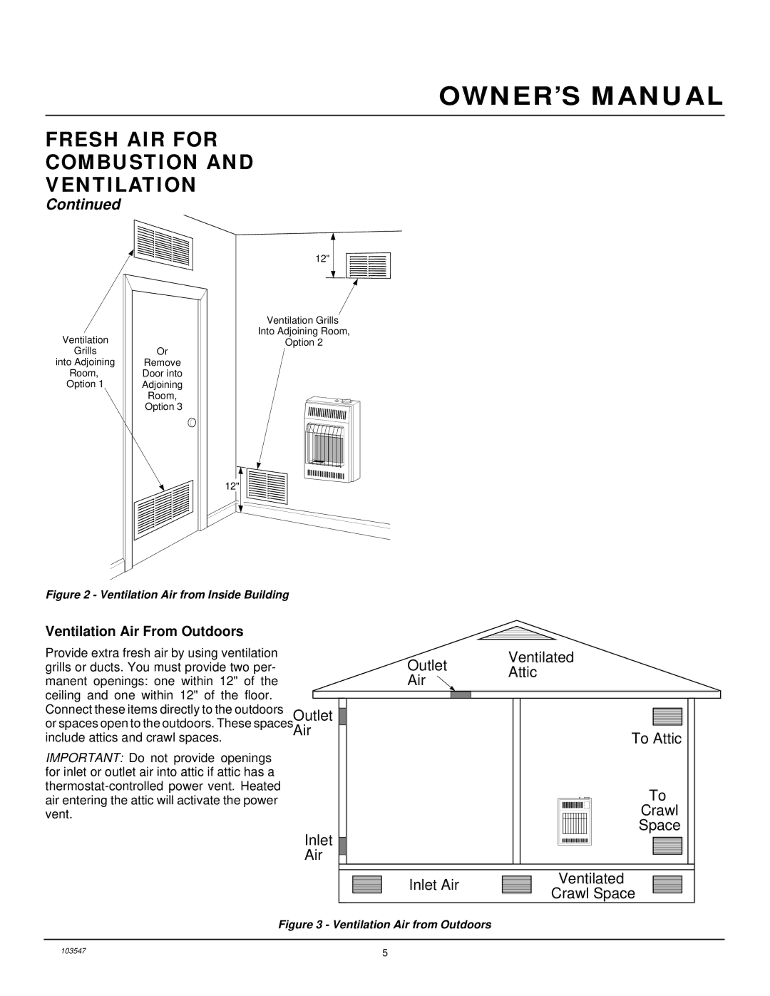 Desa CGP10L, CGP6L installation manual Fresh AIR for Combustion Ventilation, Ventilation Air From Outdoors 