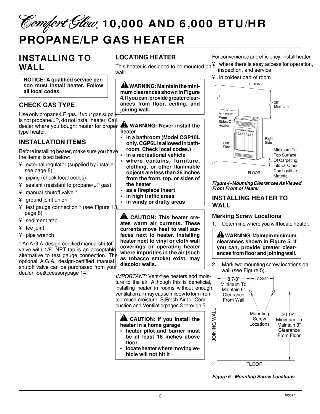 Desa CGP6L, CGP10L Installing to Wall, Check GAS Type, Installation Items, Locating Heater, Installing Heater to Wall 