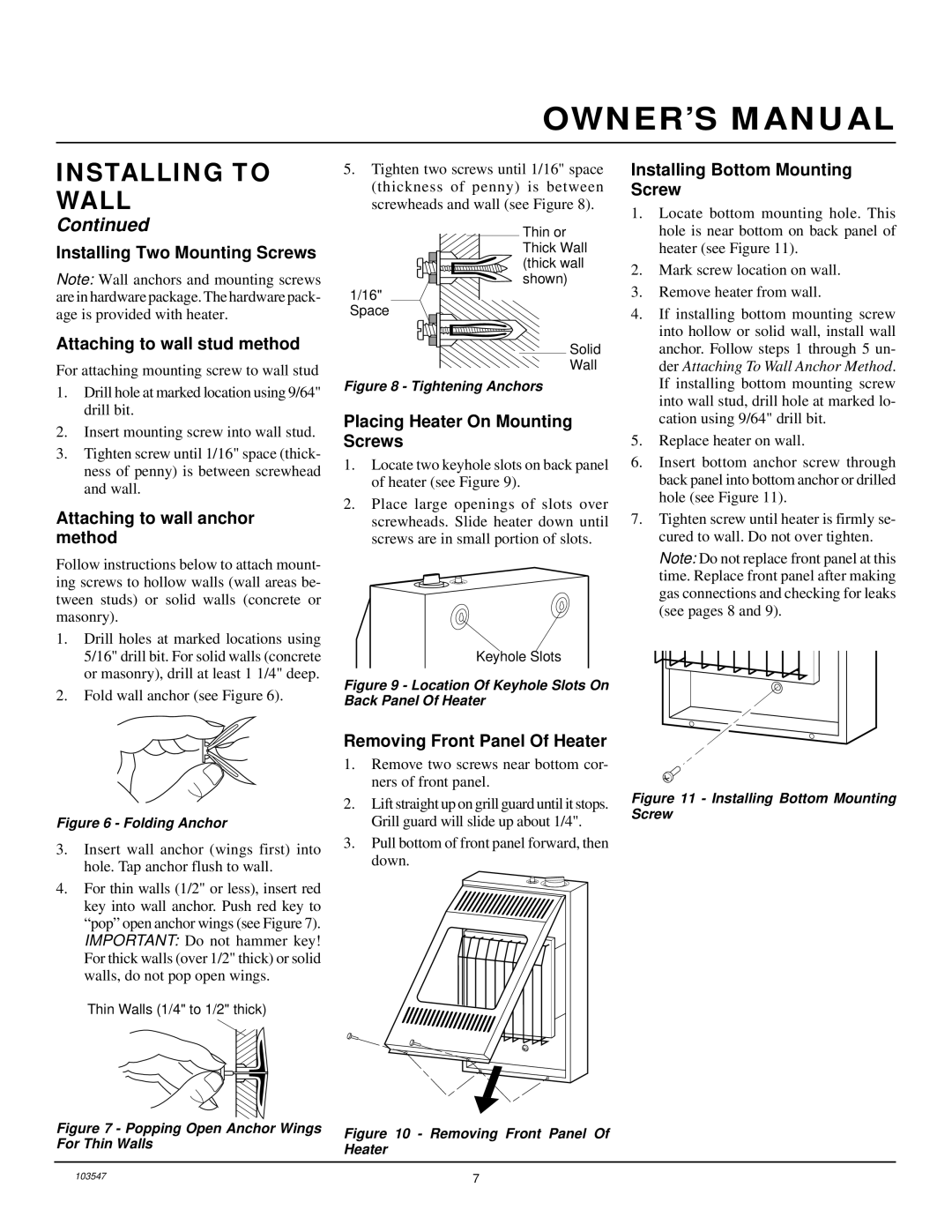 Desa CGP10L, CGP6L Attaching to wall anchor method, Placing Heater On Mounting Screws, Installing Bottom Mounting Screw 