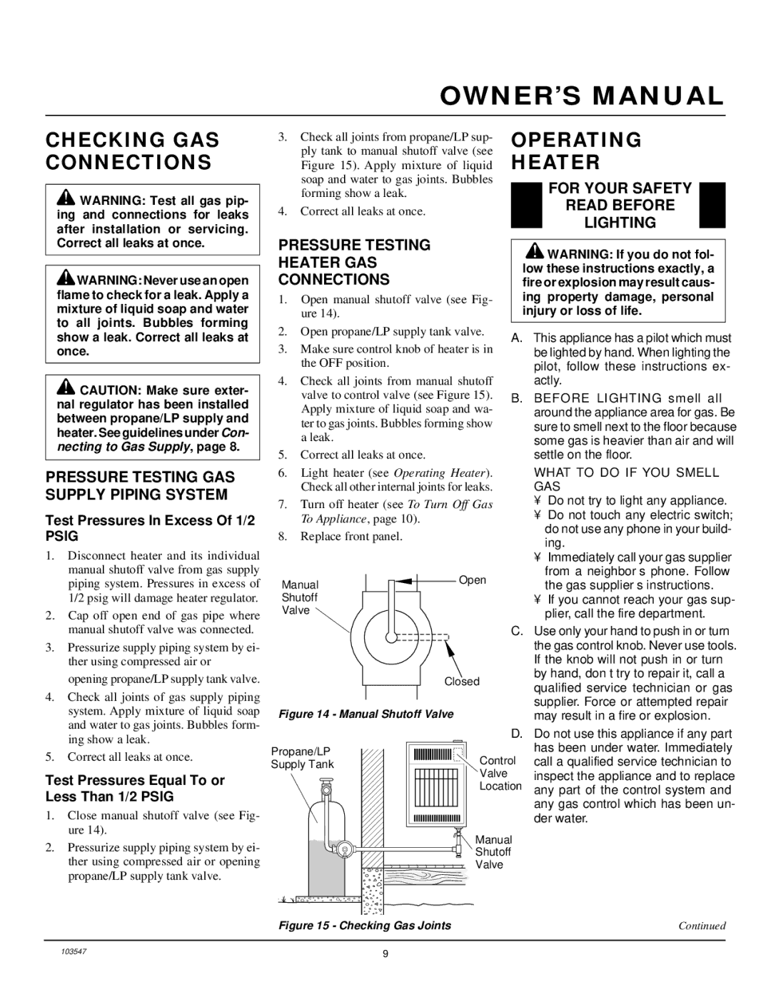 Desa CGP10L, CGP6L installation manual Checking GAS Connections, Operating Heater 