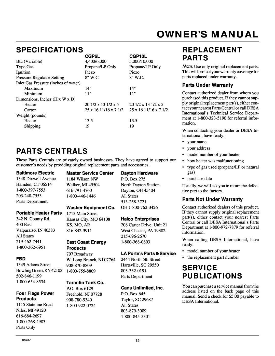 Desa CGP10L, CGP6L installation manual Specifications, Parts Centrals, Replacement Parts, Service Publications 