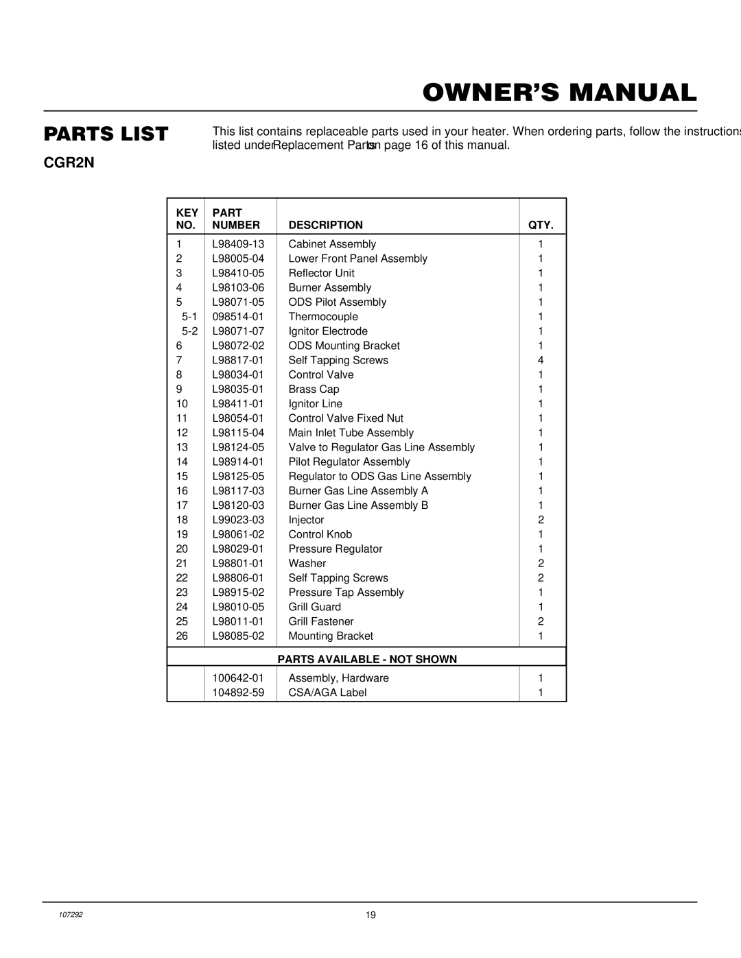 Desa CGR2N installation manual Parts List, KEY Part Number Description QTY 