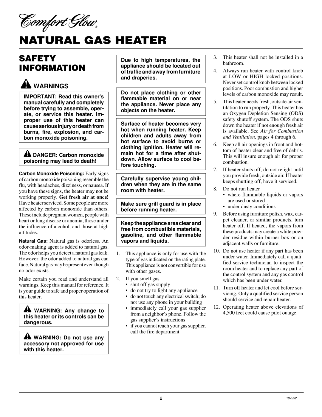 Desa CGR2N installation manual Natural GAS Heater, Safety Information 