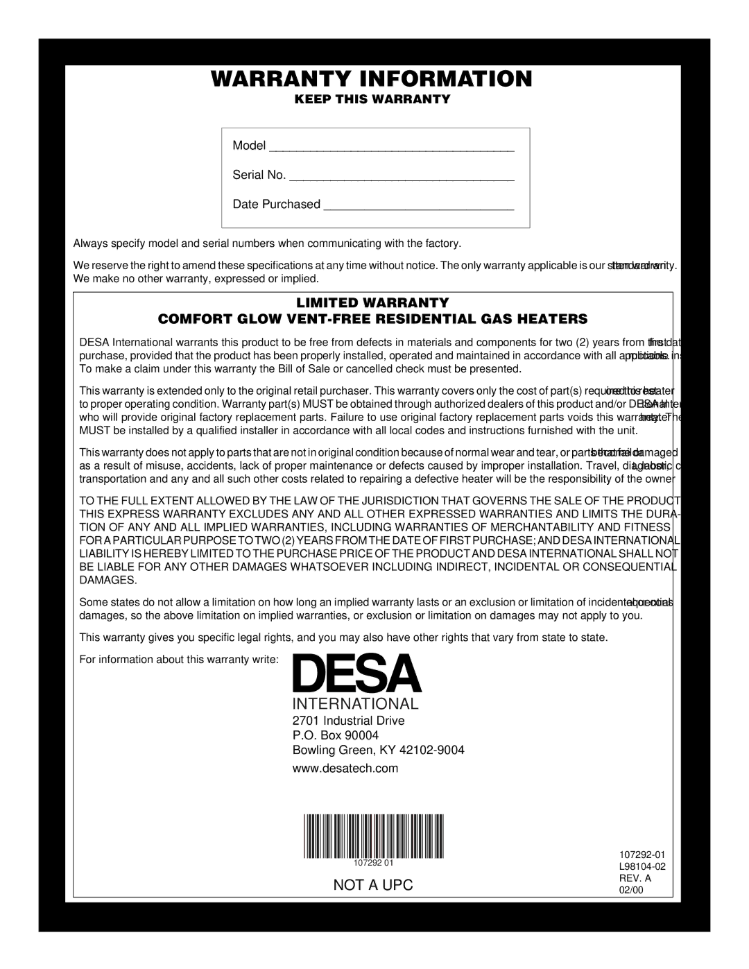 Desa CGR2N installation manual Warranty Information 