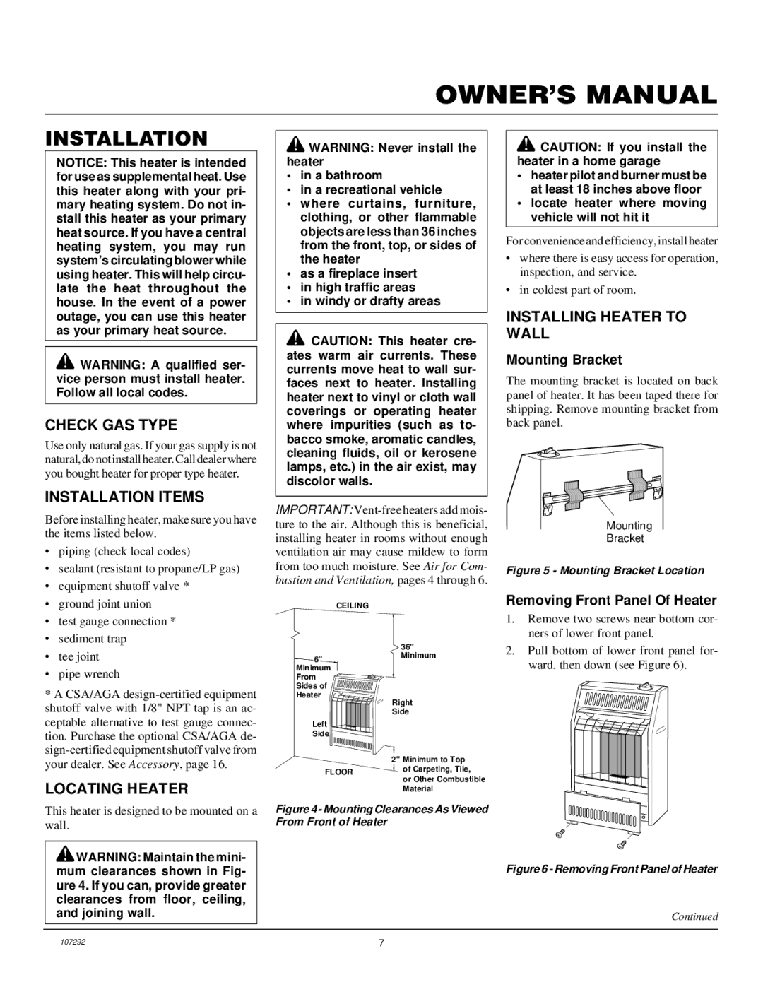 Desa CGR2N installation manual Check GAS Type, Installation Items, Installing Heater to Wall, Locating Heater 