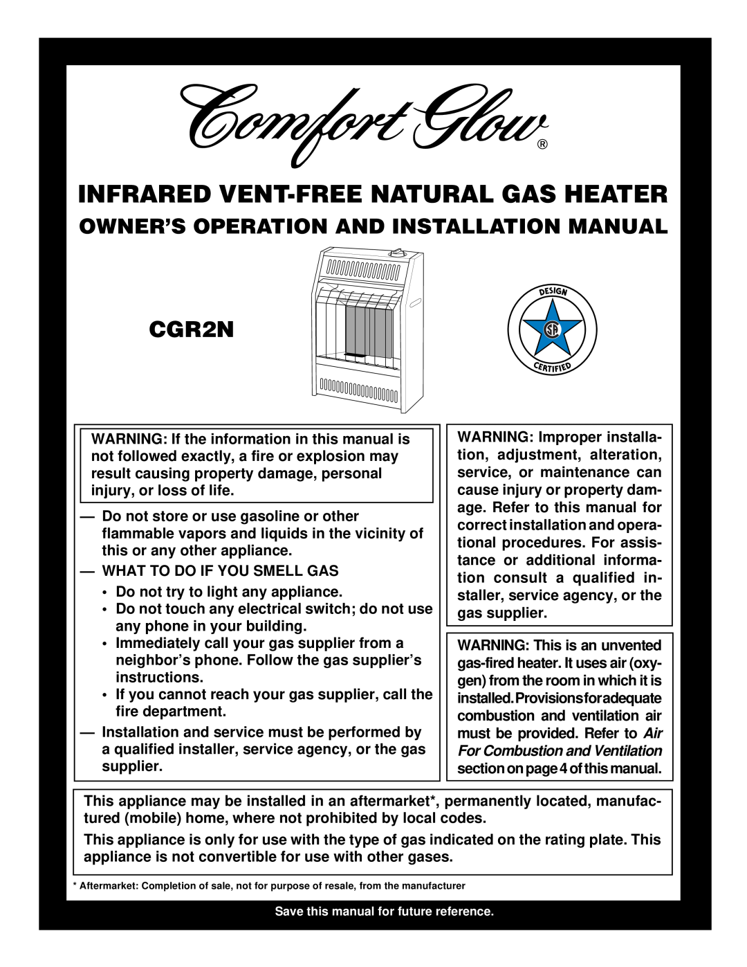 Desa CGR2N installation manual Infrared Vent-Free Natural Gas Heater, Owner’S Operation And Installation Manual 
