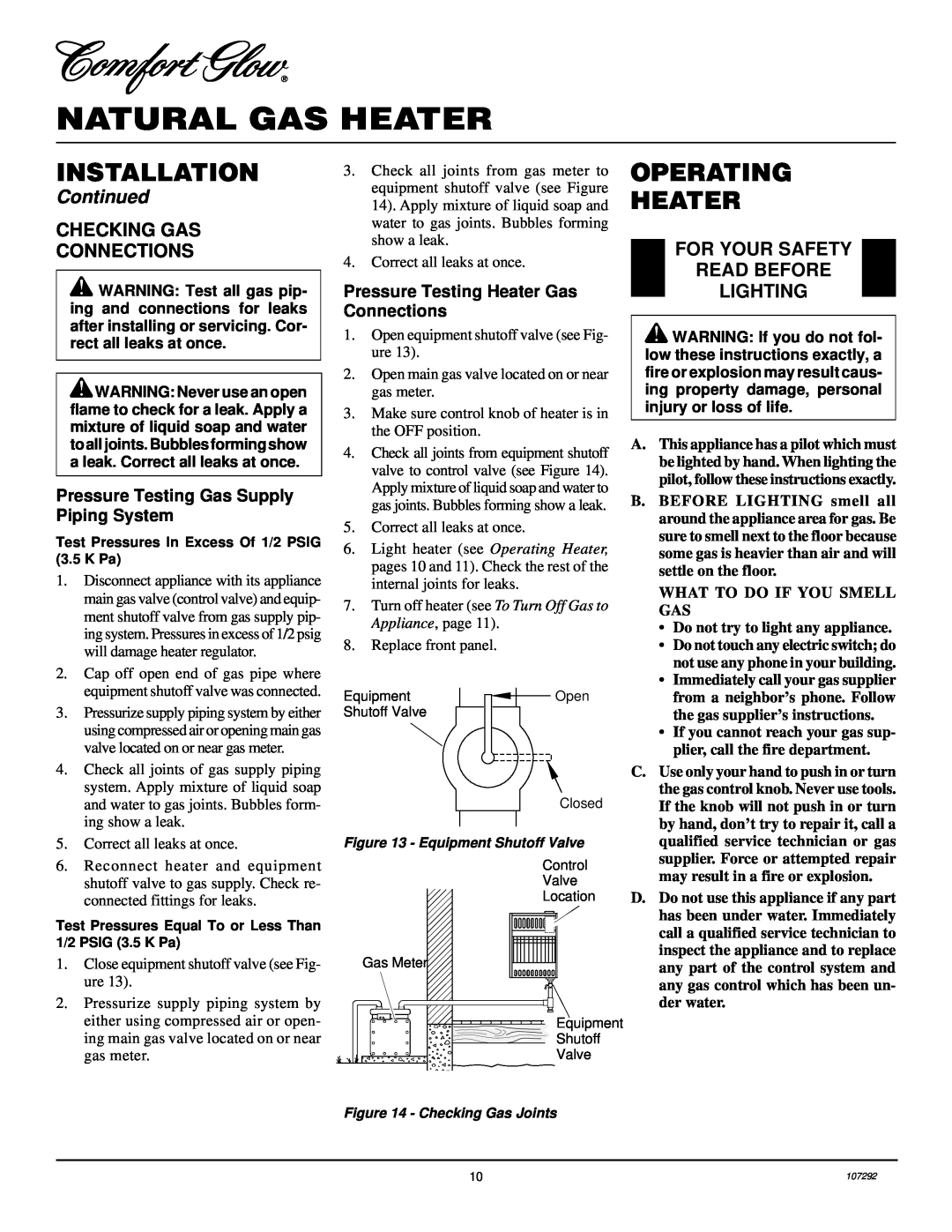 Desa CGR2N installation manual Operating Heater, Natural Gas Heater, Installation, Continued, Checking Gas Connections 