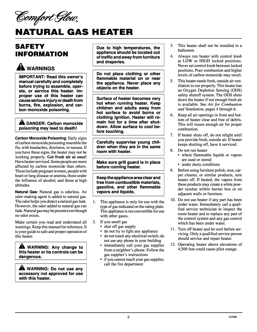 Desa CGR2N installation manual Natural Gas Heater, Safety Information 