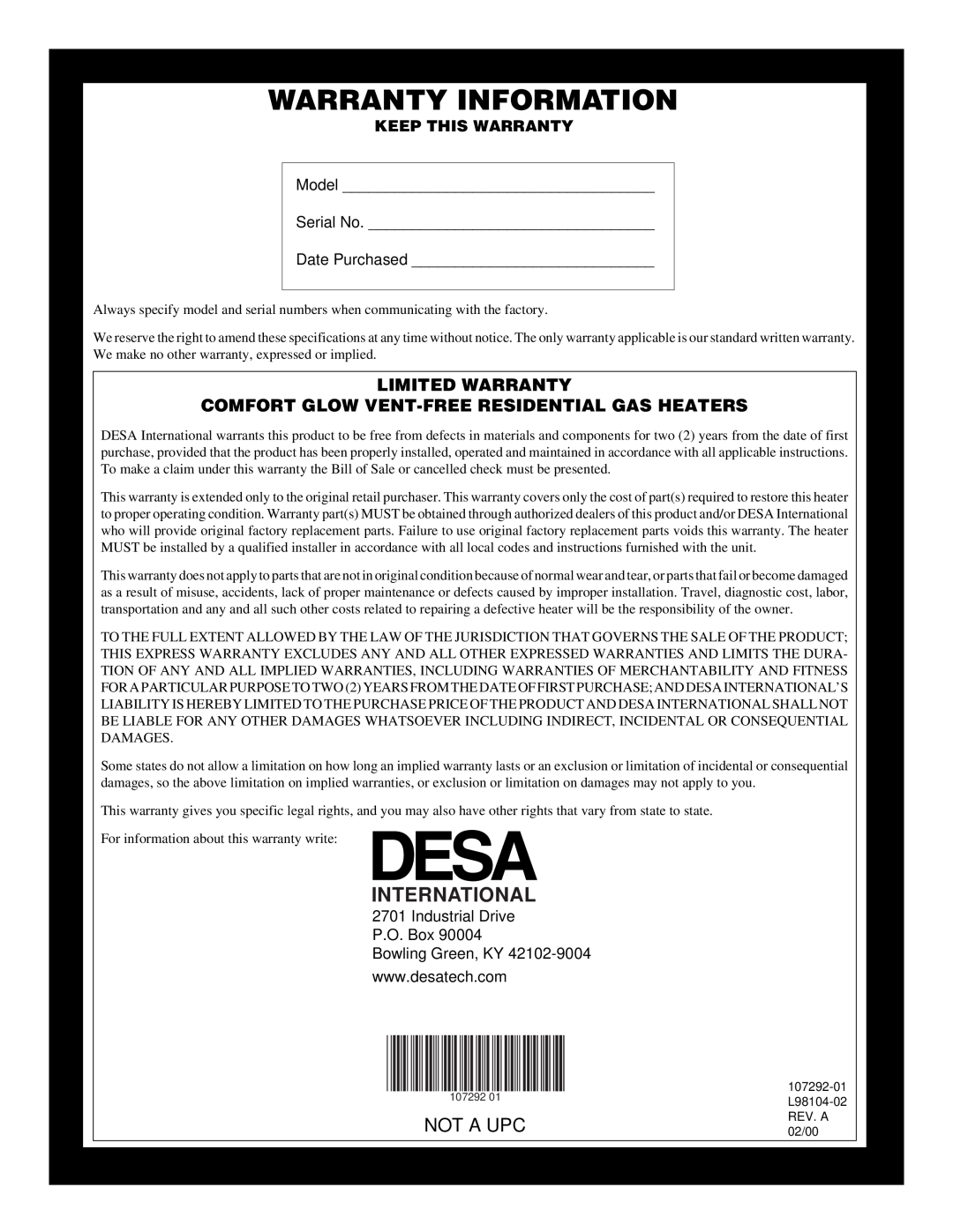Desa CGR2N installation manual Warranty Information, International, Not A Upc, Model Serial No Date Purchased 