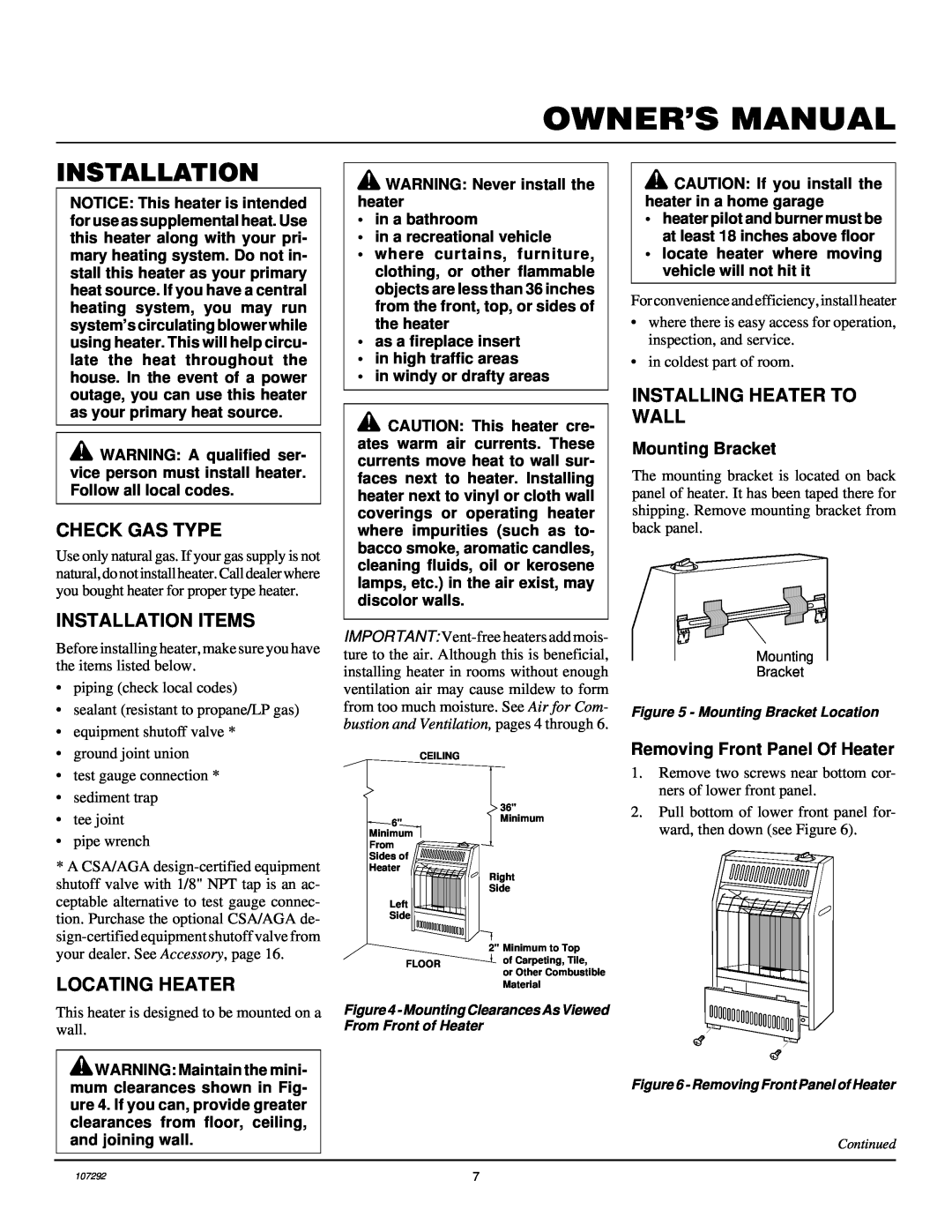 Desa CGR2N installation manual Check Gas Type, Installation Items, Installing Heater To Wall, Locating Heater 