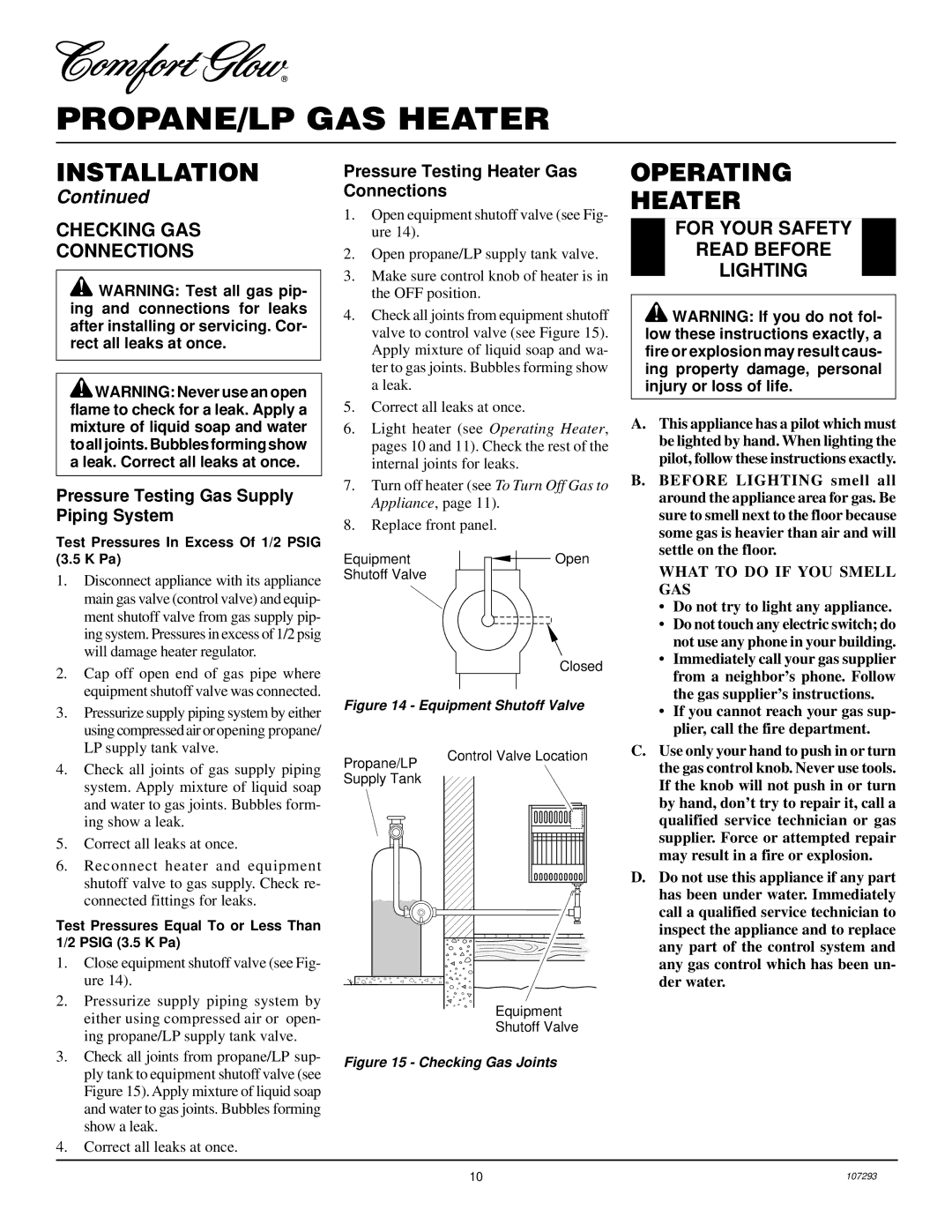 Desa CGR2P installation manual Operating Heater, Checking GAS Connections, For Your Safety Read Before Lighting 