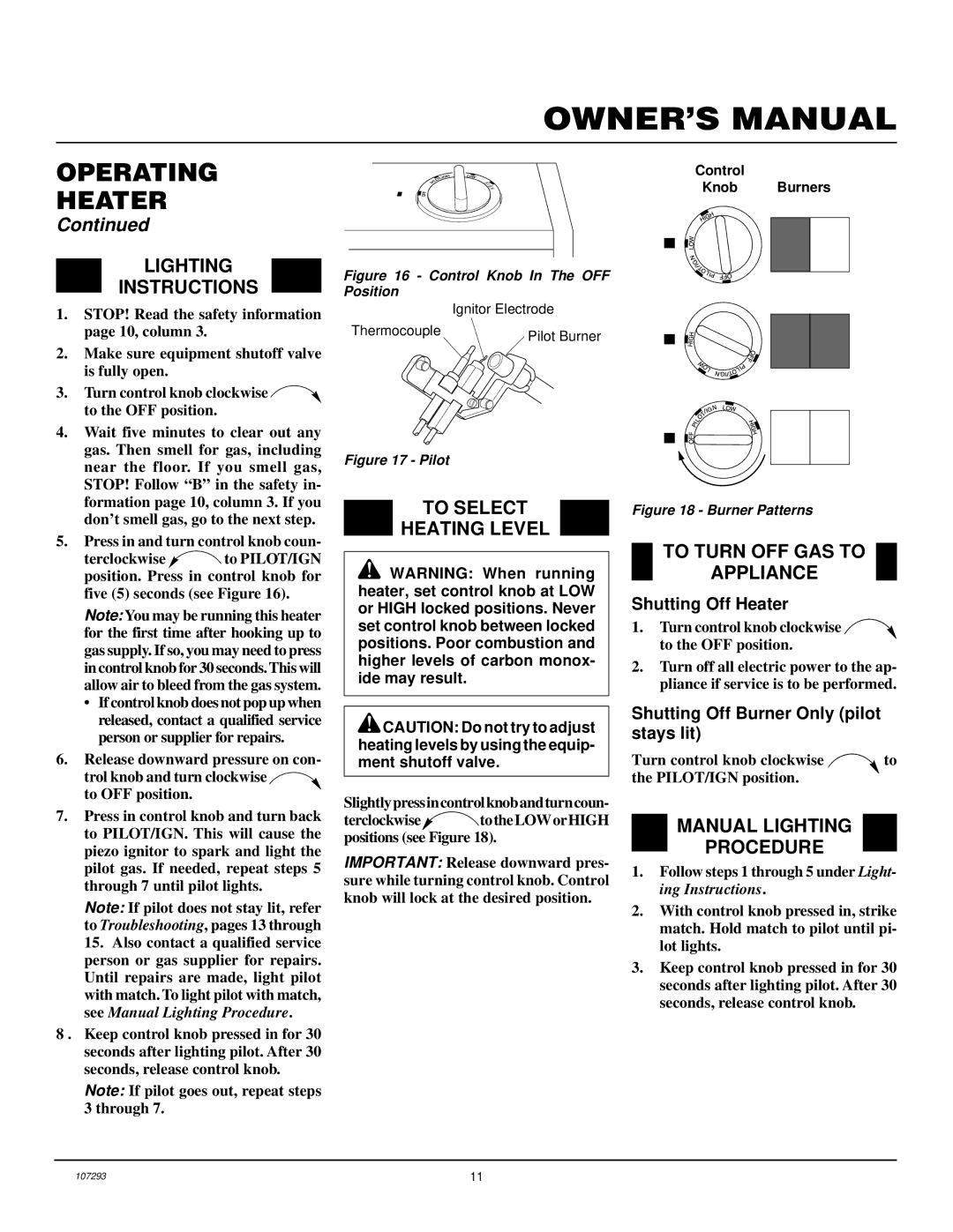 Desa CGR2P Lighting Instructions, To Select Heating Level, To Turn OFF GAS to Appliance, Manual Lighting Procedure 