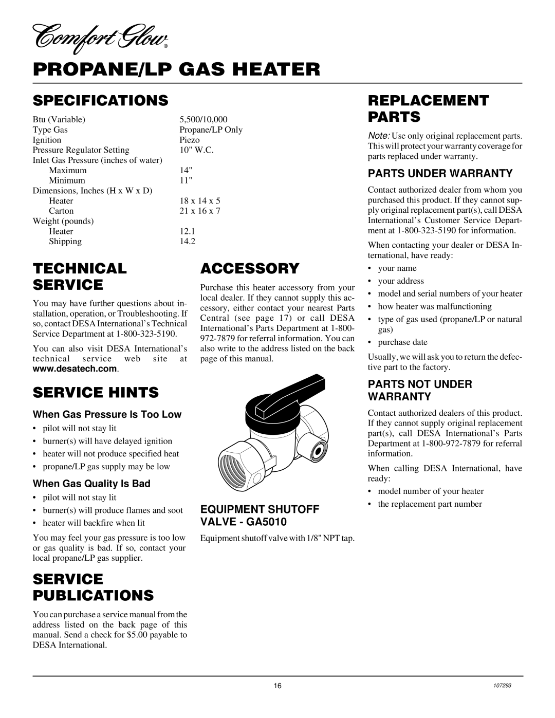 Desa CGR2P Specifications, Replacement Parts, Technical Service, Accessory, Service Hints, Service Publications 