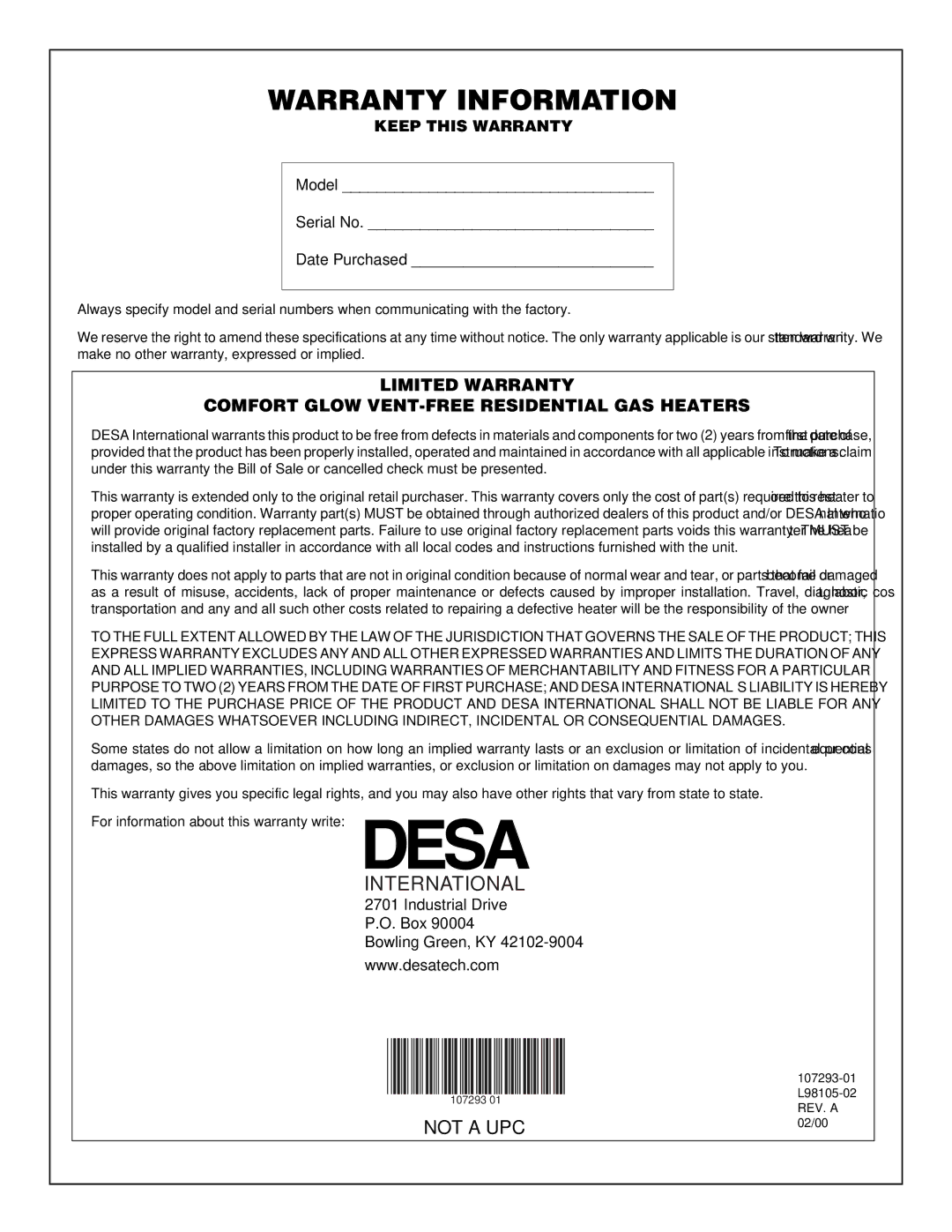 Desa CGR2P installation manual Warranty Information 