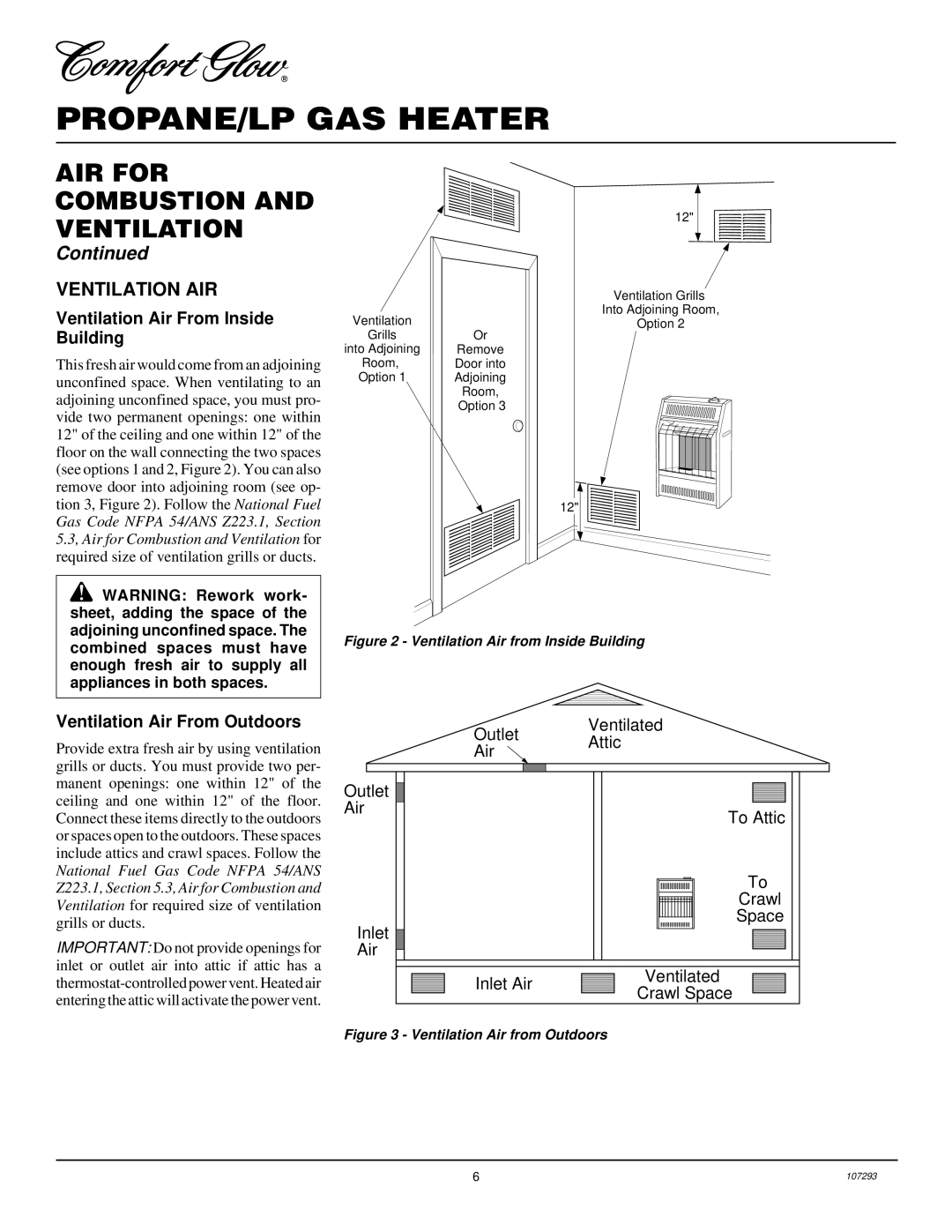 Desa CGR2P installation manual Ventilation AIR, Ventilation Air From Inside Building, Ventilation Air From Outdoors 