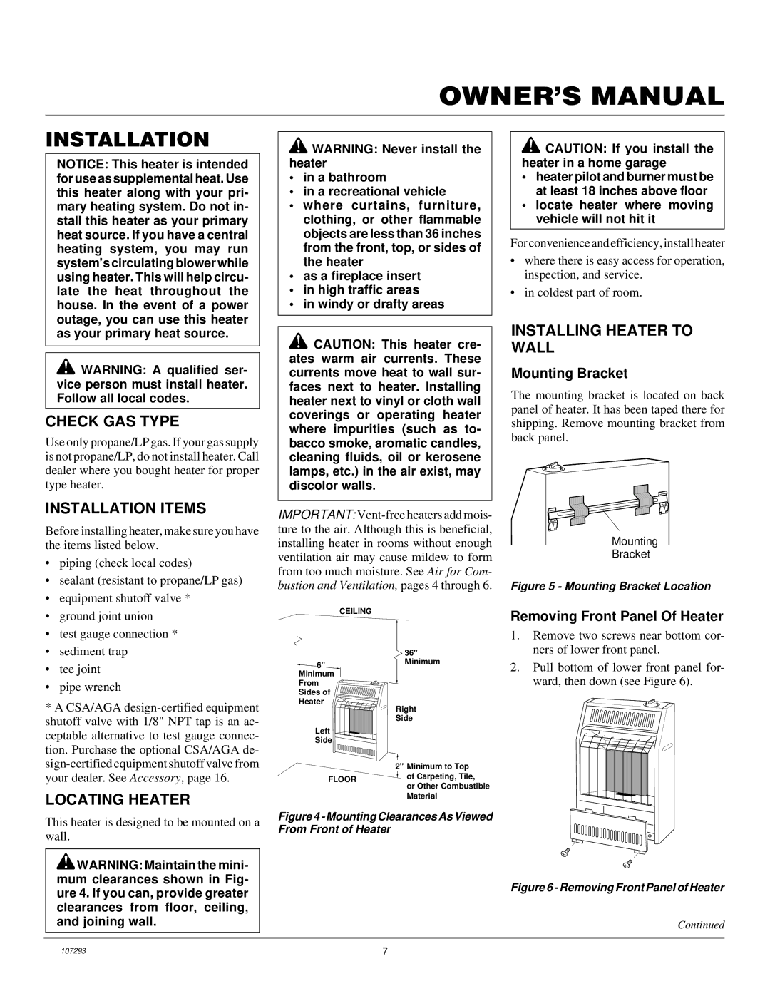 Desa CGR2P installation manual Check GAS Type, Installation Items, Installing Heater to Wall, Locating Heater 