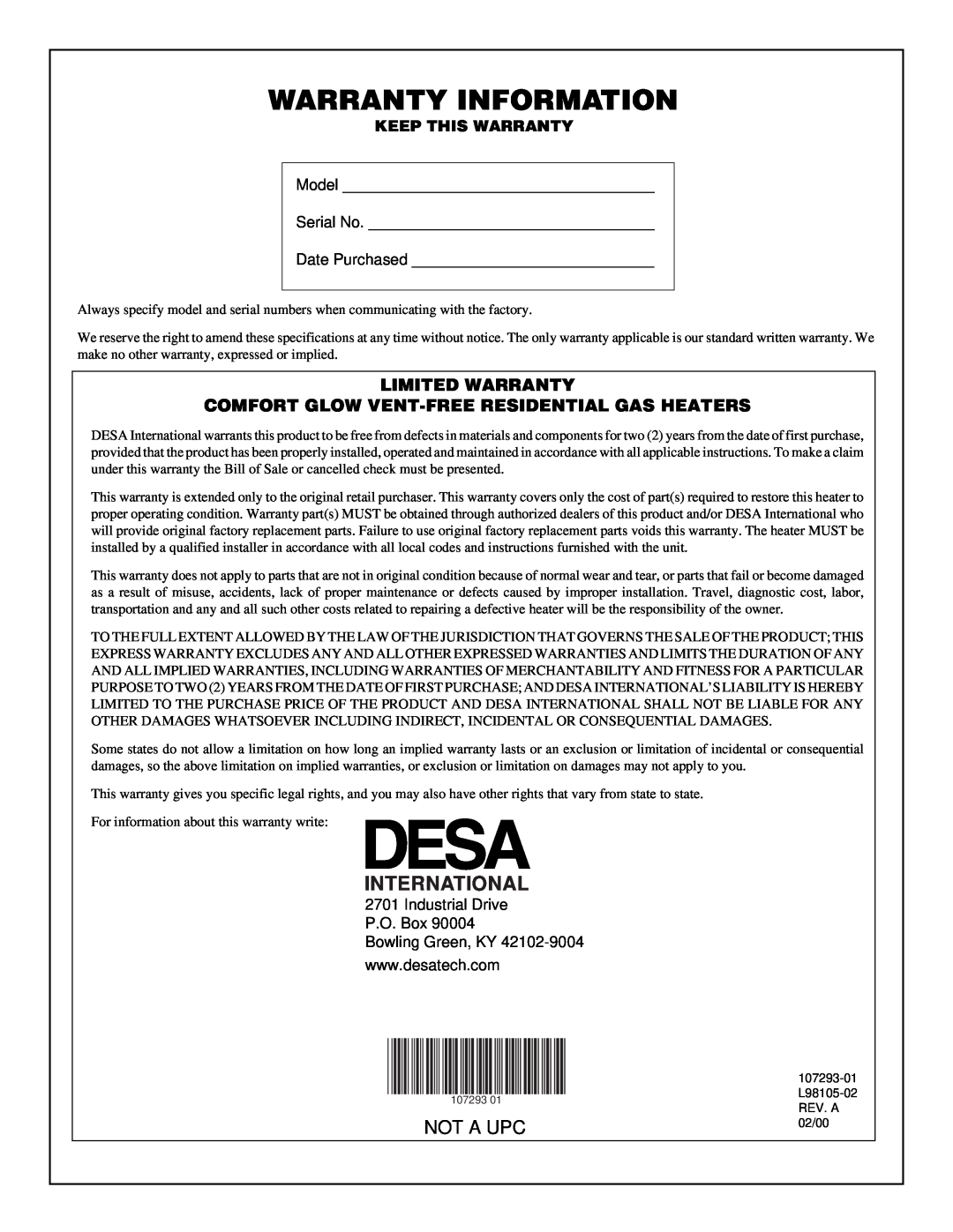 Desa CGR2P installation manual Warranty Information, International, Not A Upc, Model, Serial No, Date Purchased 