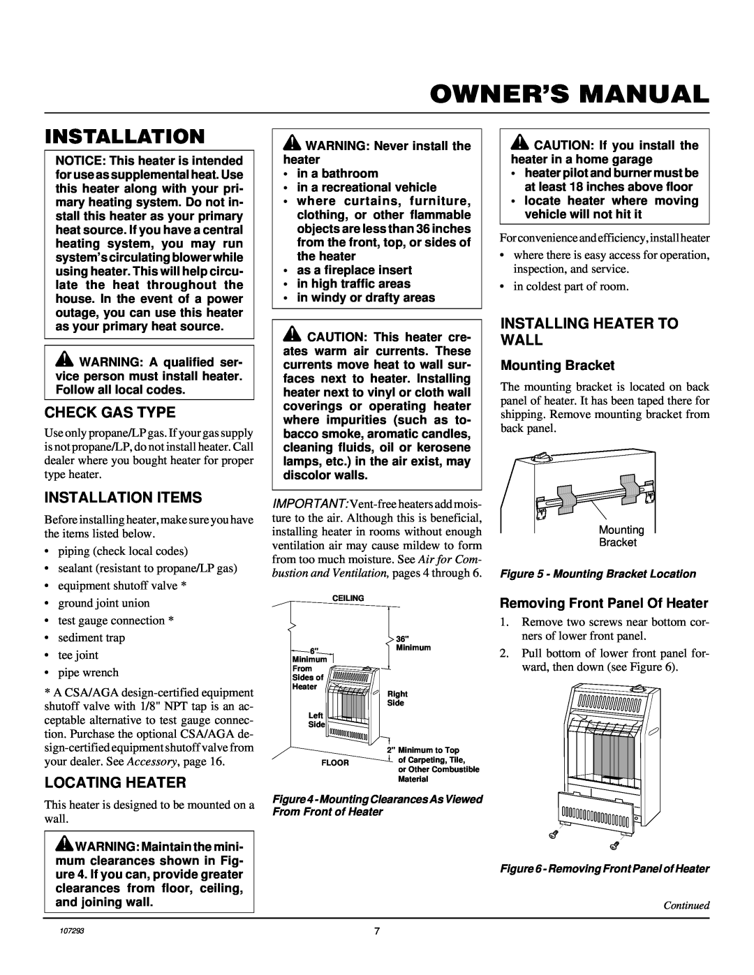 Desa CGR2P installation manual Check Gas Type, Installation Items, Installing Heater To Wall, Locating Heater 