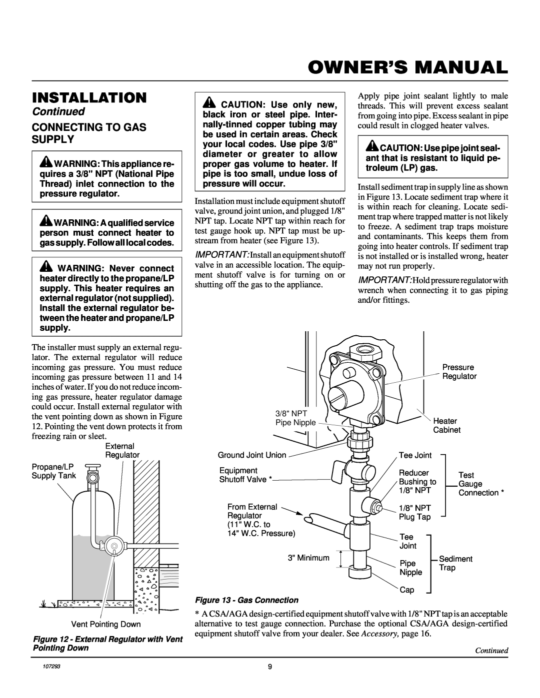 Desa CGR2P installation manual Installation, Continued, Connecting To Gas Supply, Gas Connection 