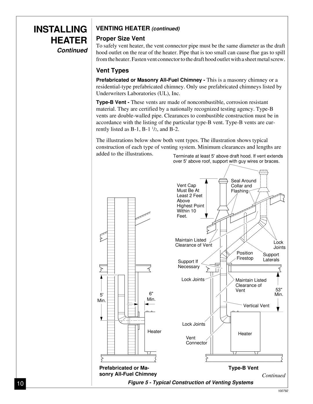 Desa CGR35NA, CGR65NA, CGR50BNA, CGR50NA, CGR65BNA installation manual Venting Heater Proper Size Vent 