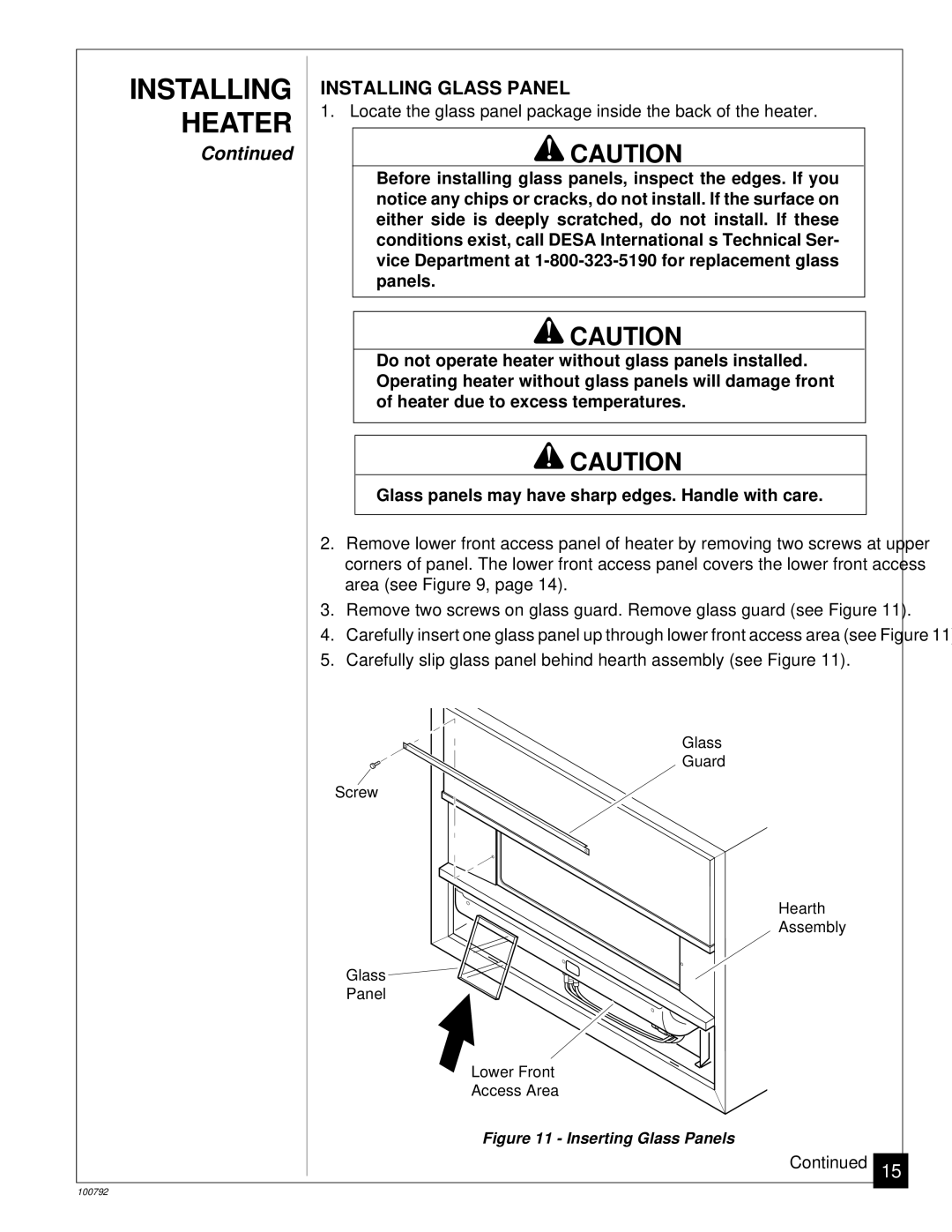 Desa CGR35NA, CGR65NA, CGR50BNA, CGR50NA, CGR65BNA installation manual Installing Glass Panel, Inserting Glass Panels 