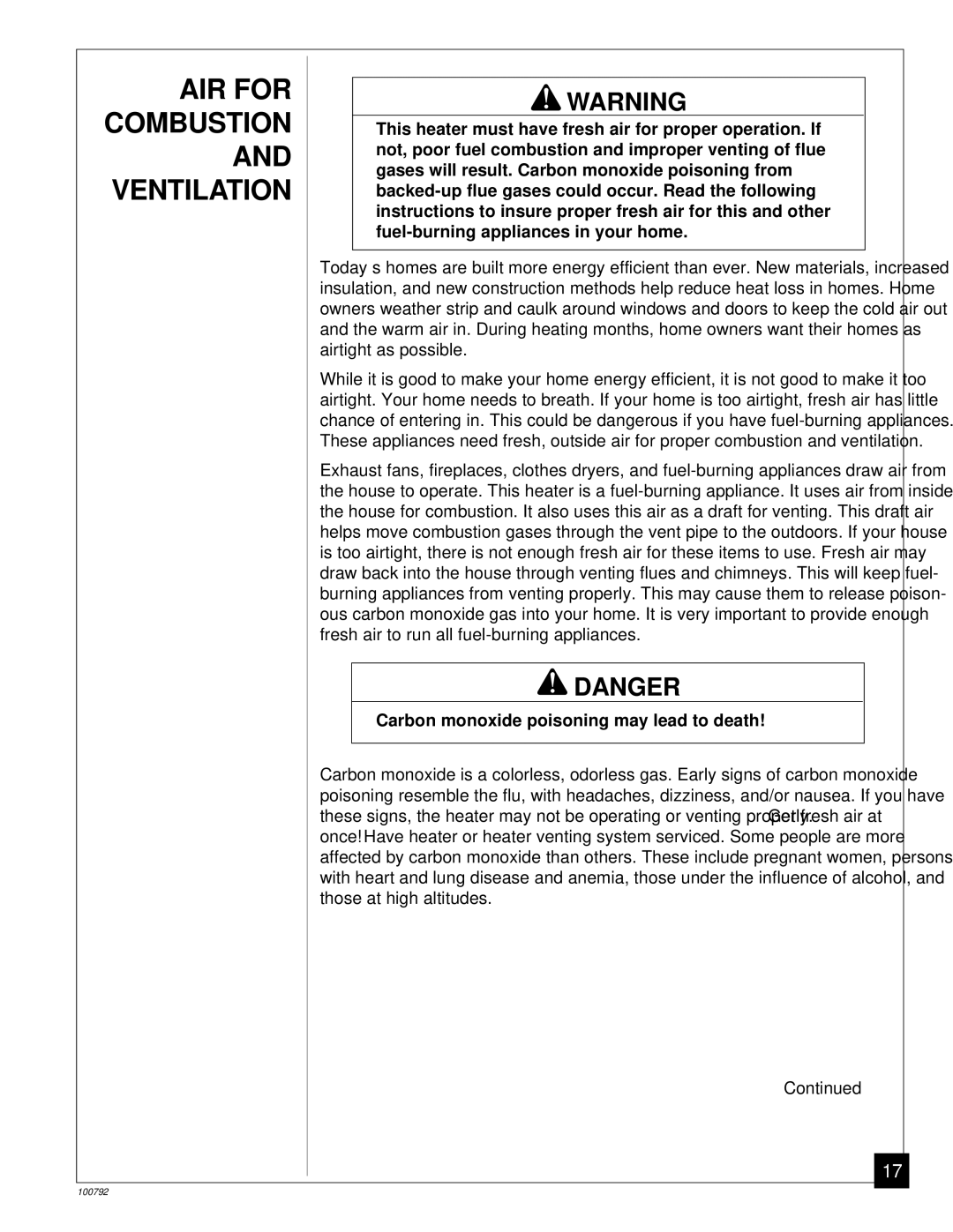 Desa CGR50BNA, CGR35NA, CGR65NA, CGR50NA AIR for Combustion and Ventilation, Carbon monoxide poisoning may lead to death 