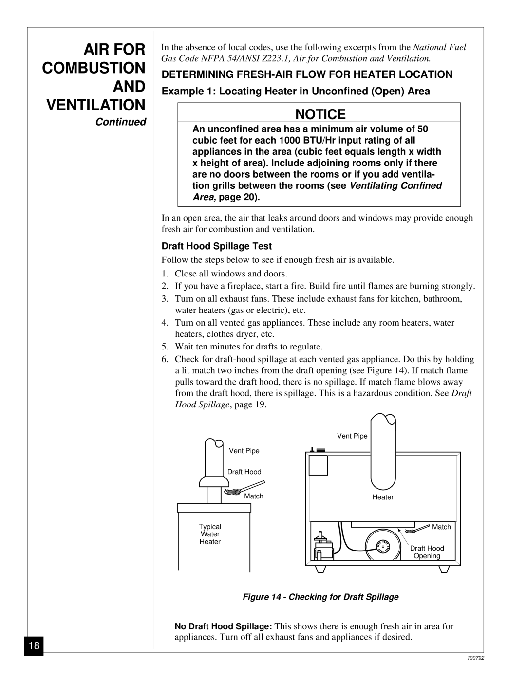 Desa CGR50NA, CGR35NA, CGR65NA, CGR50BNA, CGR65BNA Determining FRESH-AIR Flow for Heater Location, Draft Hood Spillage Test 