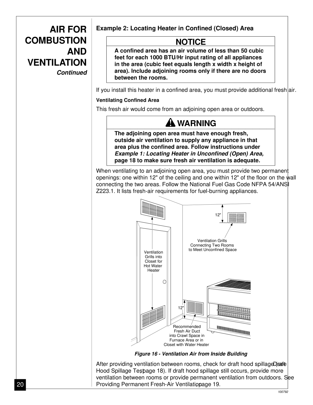 Desa CGR35NA, CGR65NA, CGR50BNA, CGR50NA, CGR65BNA installation manual Example 2 Locating Heater in Confined Closed Area 