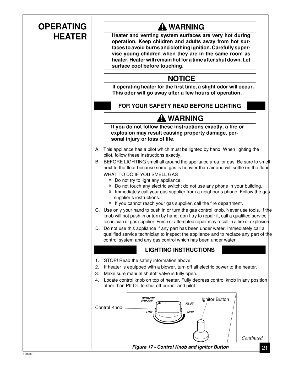 Desa CGR65NA, CGR35NA, CGR50BNA, CGR50NA Operating Heater, For Your Safety Read Before Lighting, Lighting Instructions 