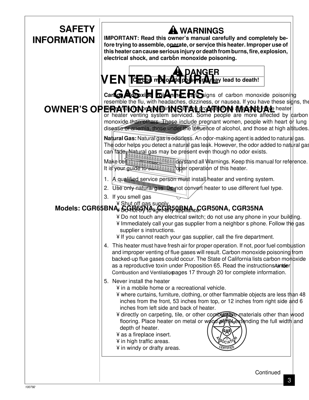 Desa CGR50NA, CGR35NA, CGR65NA, CGR50BNA, CGR65BNA Safety Information, Carbon monoxide poisoning may lead to death 