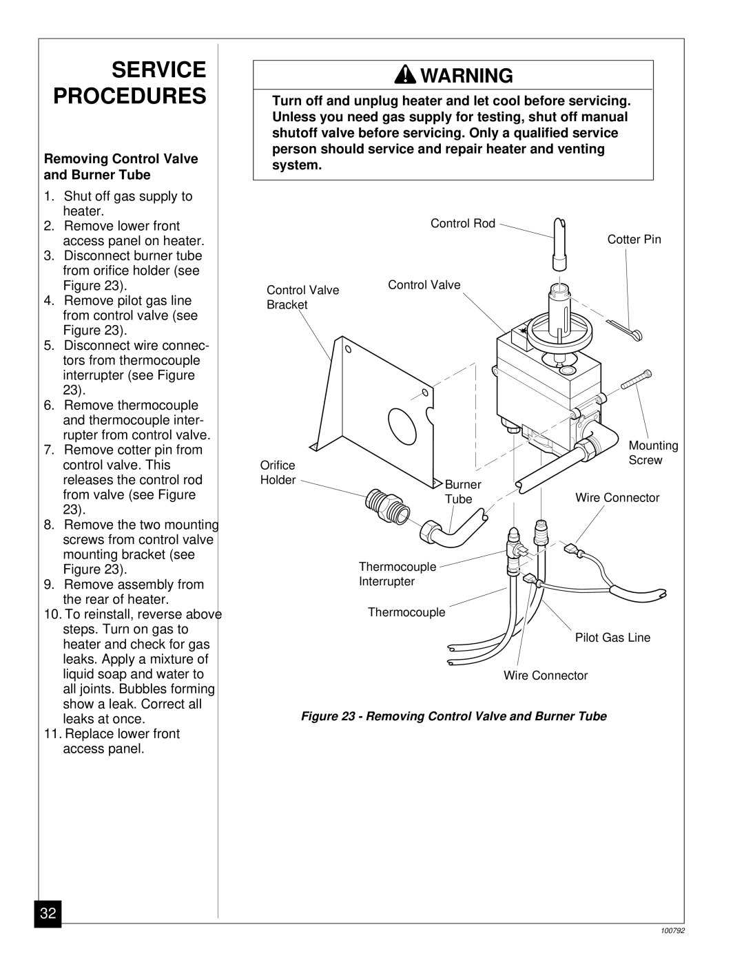 Desa CGR50BNA, CGR35NA, CGR65NA, CGR50NA, CGR65BNA Service Procedures, Removing Control Valve and Burner Tube 