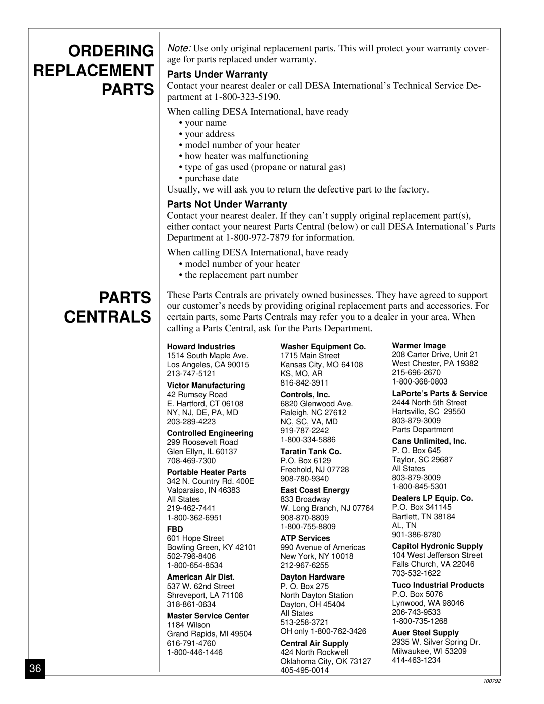 Desa CGR65NA, CGR35NA, CGR50BNA, CGR50NA Ordering Replacement Parts Centrals, Parts Under Warranty, Parts Not Under Warranty 