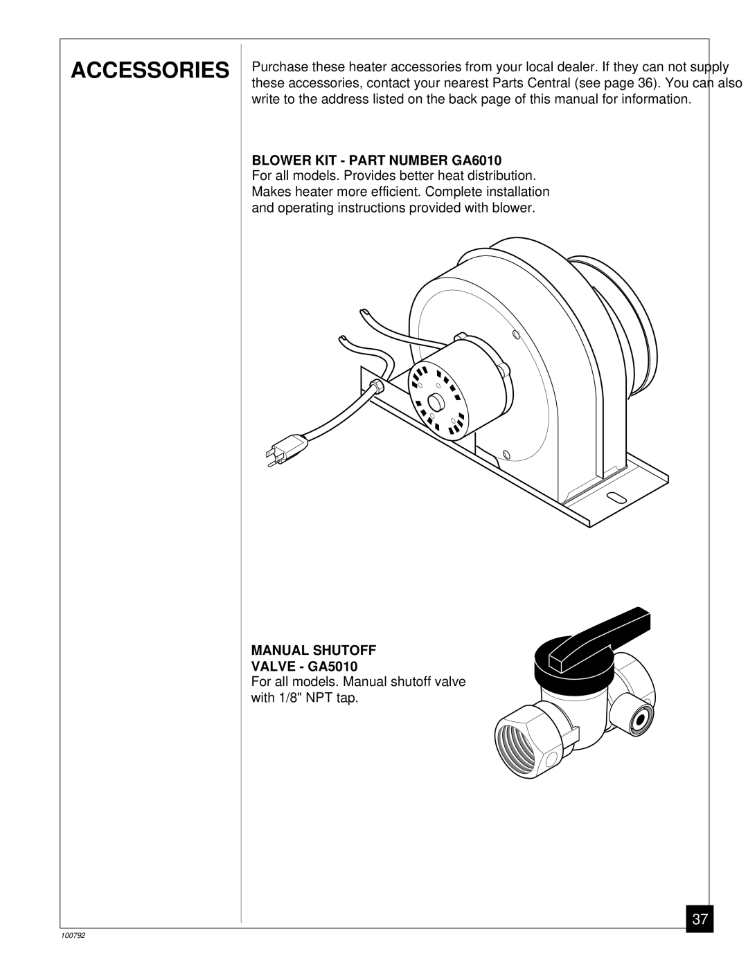 Desa CGR50BNA, CGR35NA, CGR65NA, CGR50NA, CGR65BNA installation manual Accessories, Valve GA5010 