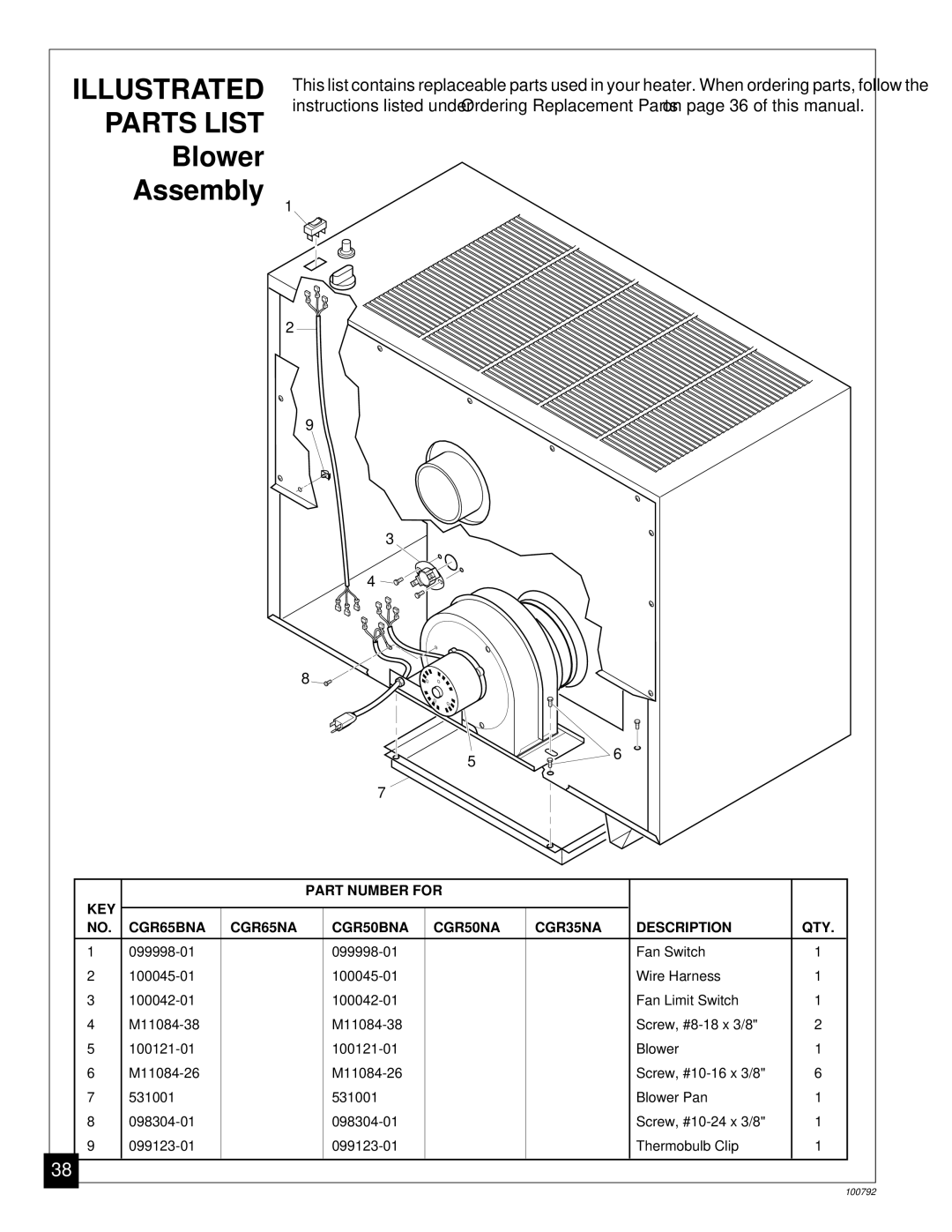 Desa CGR50NA, CGR35NA, CGR65NA, CGR50BNA, CGR65BNA installation manual Illustrated Parts List, Blower Assembly 