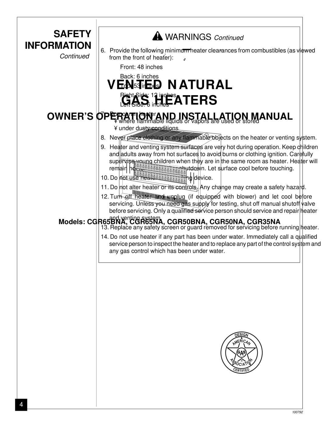 Desa CGR65BNA, CGR35NA, CGR65NA, CGR50BNA, CGR50NA installation manual Safety Information 