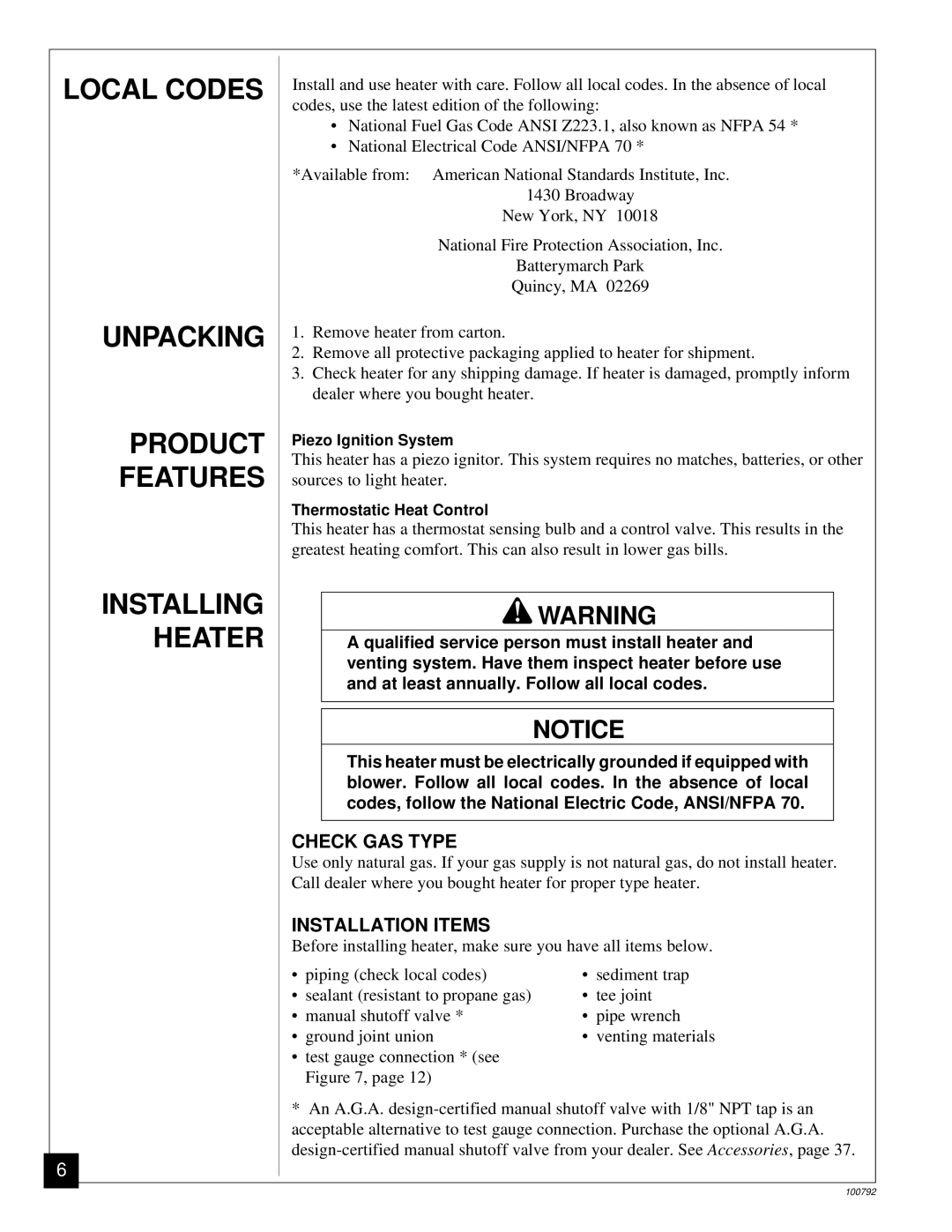 Desa CGR65NA, CGR35NA, CGR50BNA, CGR50NA, CGR65BNA Local Codes Unpacking Product Features, Check GAS Type, Installation Items 